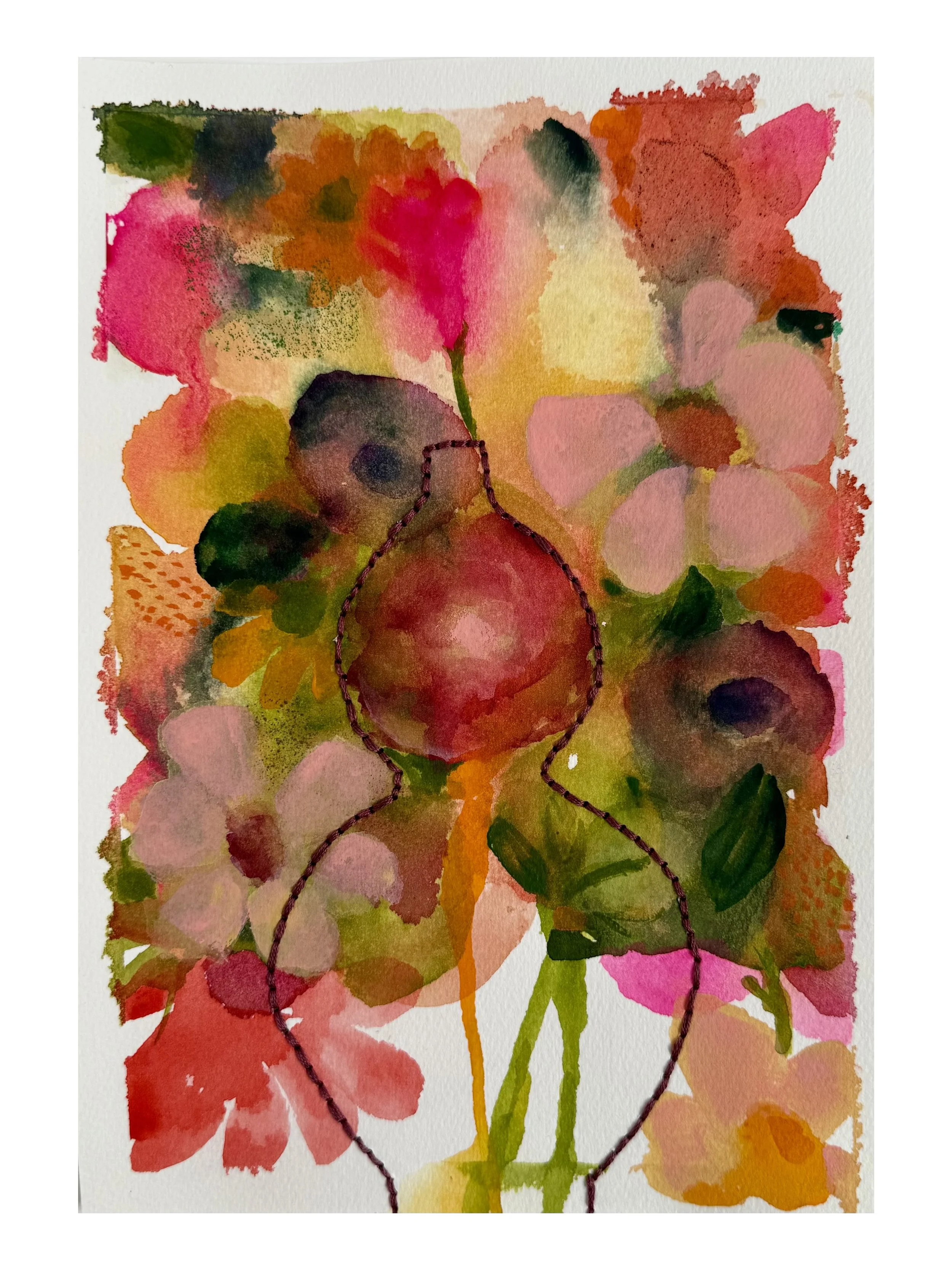 "Overflow", 2025. Original watercolor on paper stitched with embroidery thread. 7"x10"
