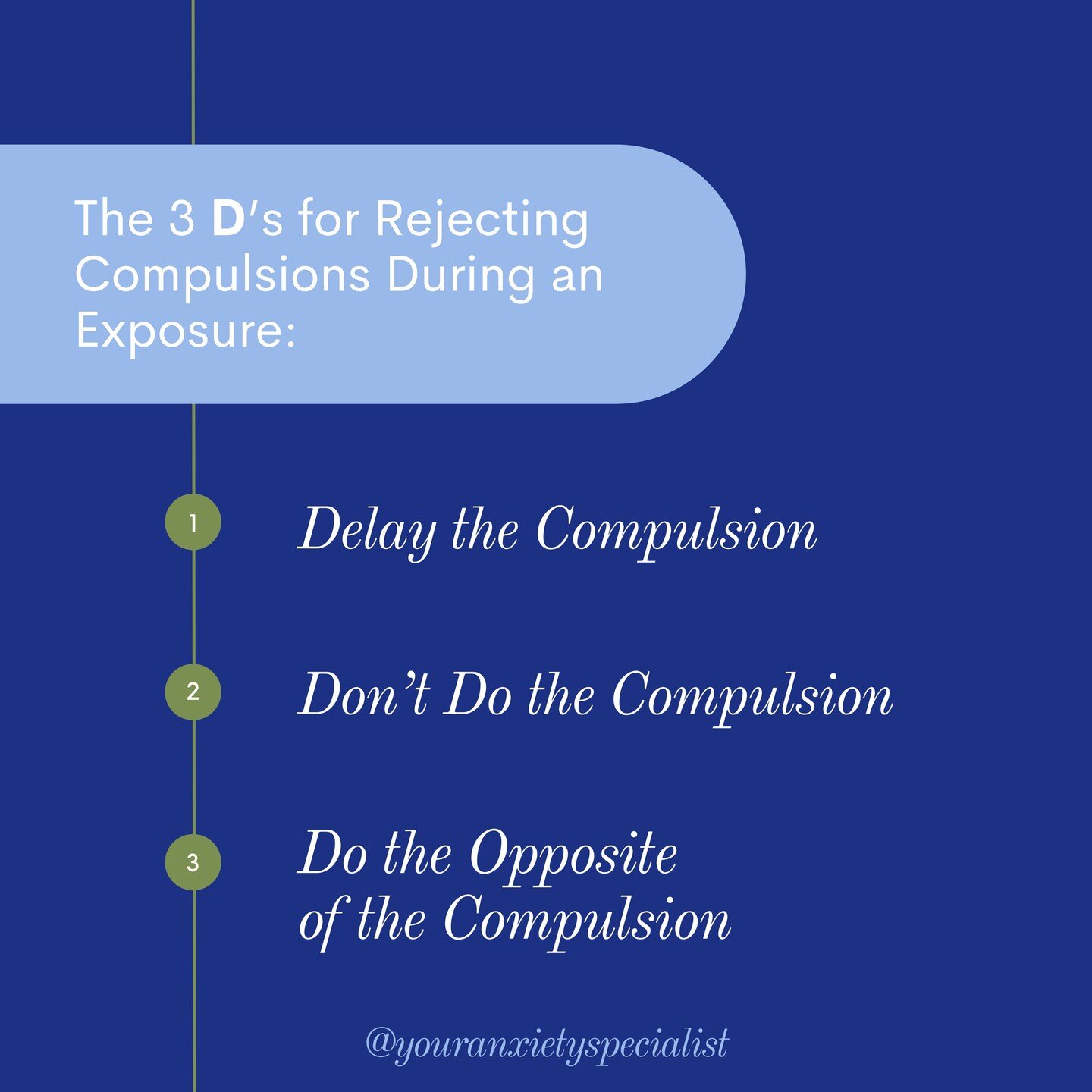When starting exposures, it can feel very difficult to conceptualize how to reject compulsions. From my experience, the 3 D's are an overarching way to reject compulsions. That said, sometimes they can overlap. For example, doing the opposite can fee