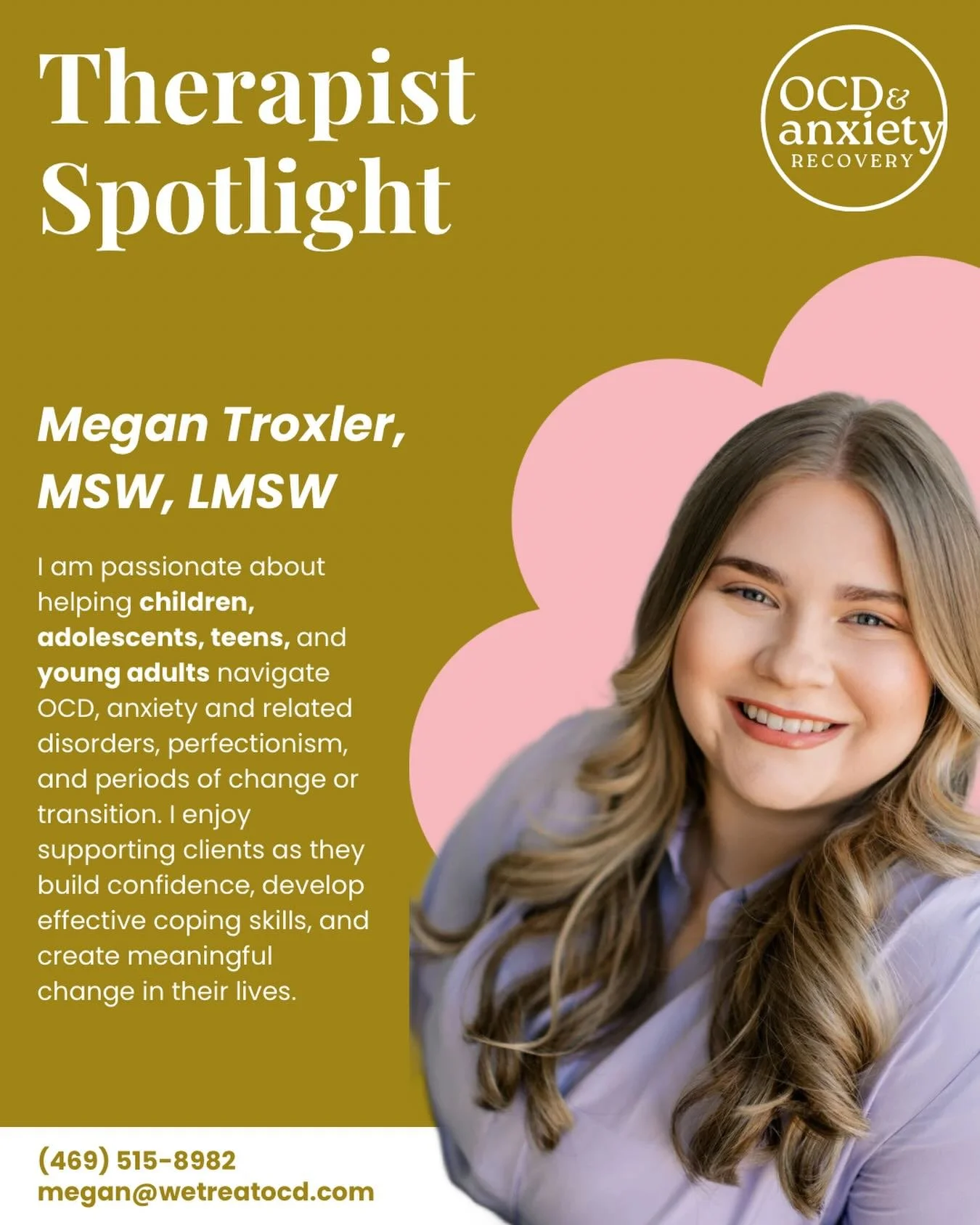 We are so excited to welcome Megan to our team! 🌿

Megan is an OCD specialist with a focus on children, adolescents, and young adults &mdash; and we couldn&rsquo;t be more thrilled to have her expertise and heart for this work alongside us.

If you 