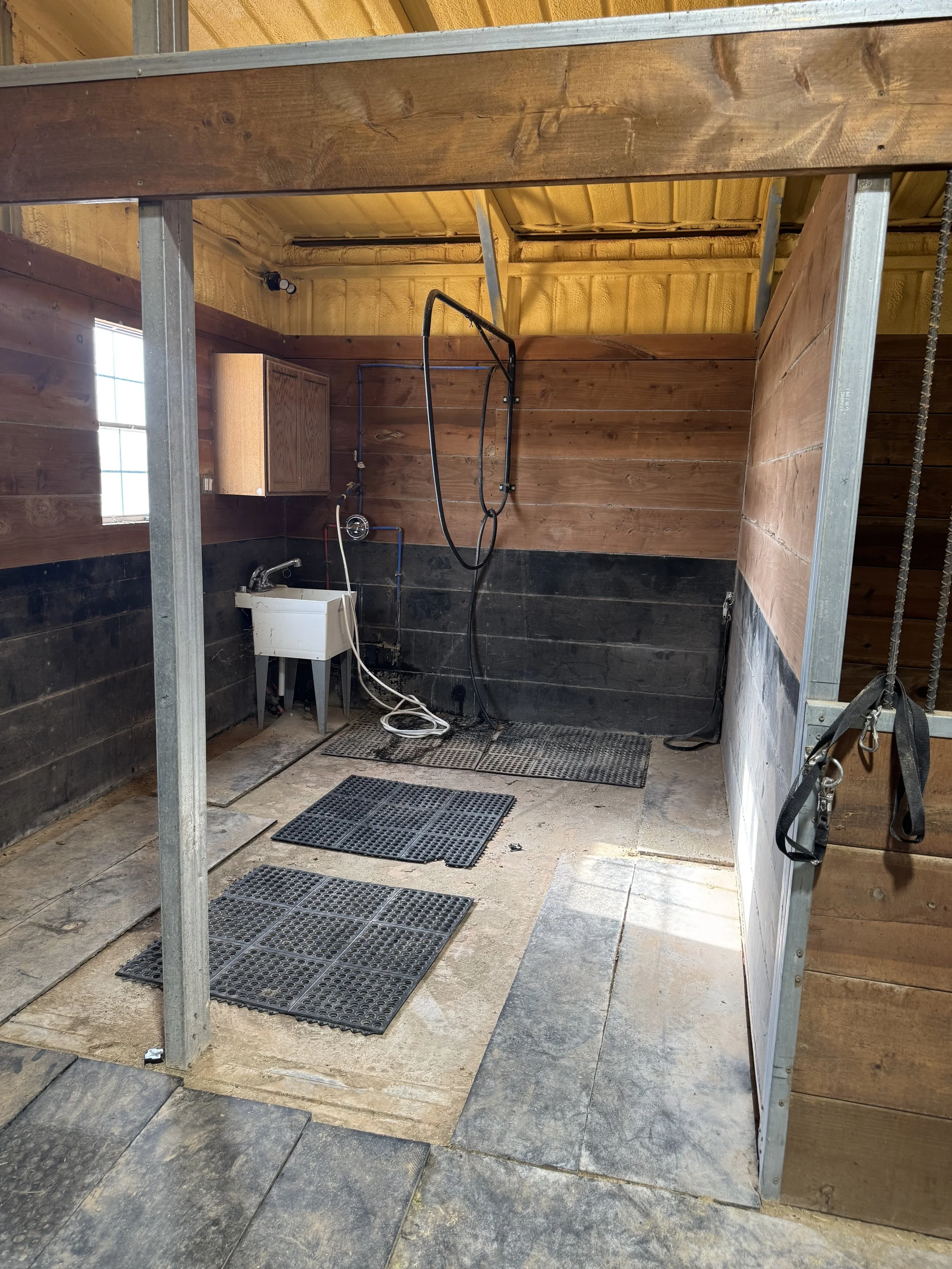A small, partially enclosed outdoor wash area with a utility sink, a wall-mounted cabinet, a shower head, and rubber mats on the concrete floor.
