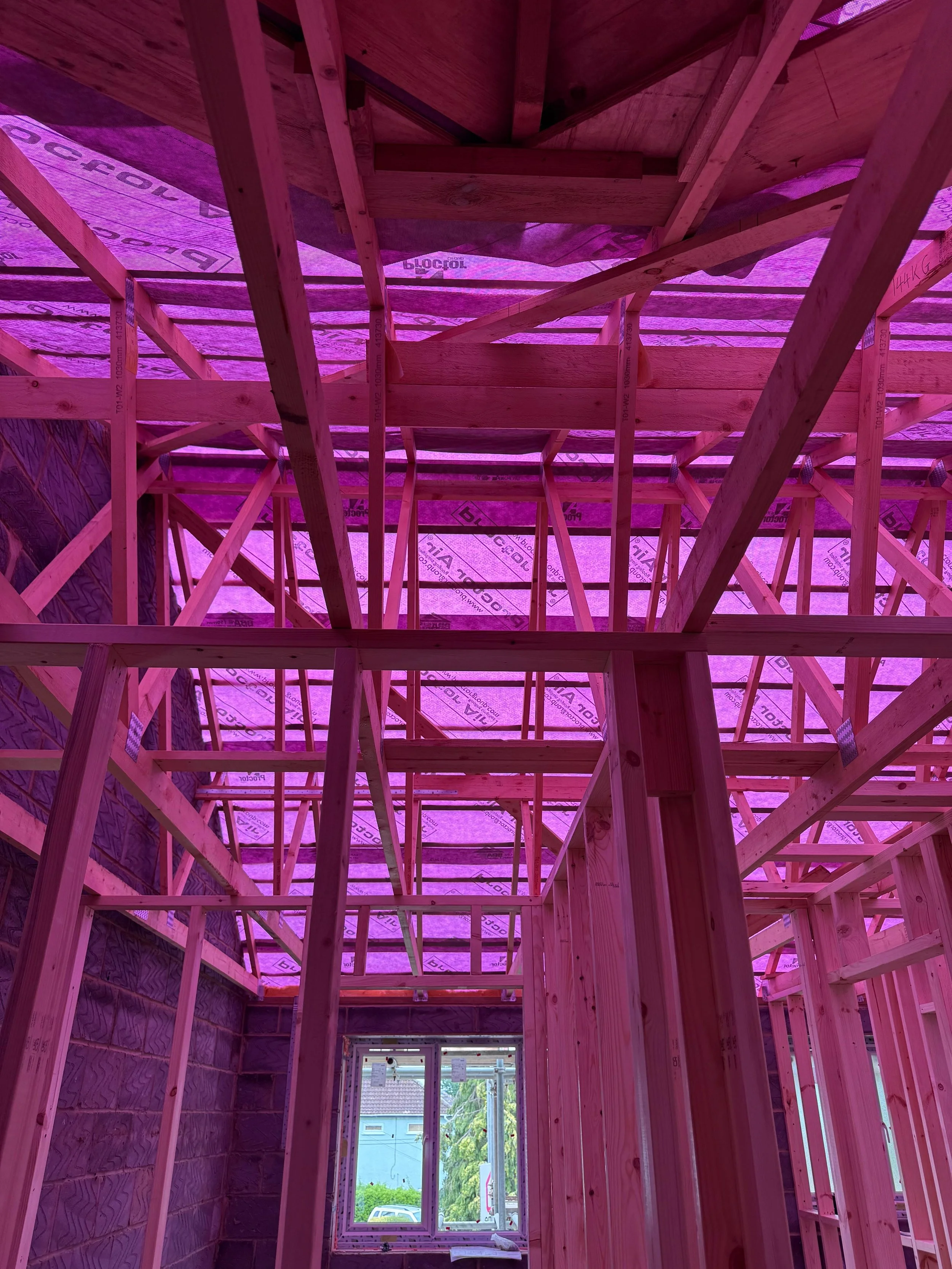 Wooden framing for interior walls of a house under construction, with purple insulation and opened window showing outside scenery.