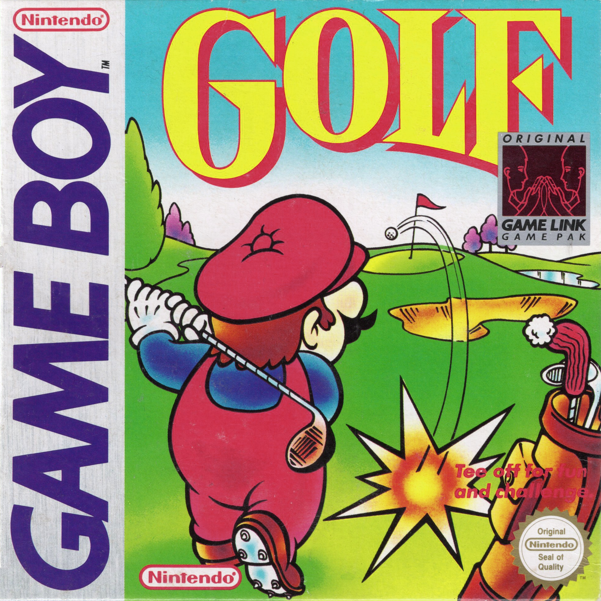 North American box art for the Game Boy version of Golf, which clearly shows that the player character is meant to be Mario.