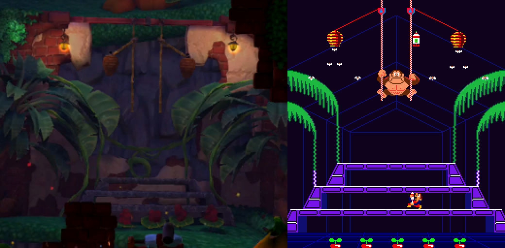 The Donkey Kong Country: Tropical Freeze stage Fruity Factory features a background homage to the greenhouse from Donkey Kong 3.