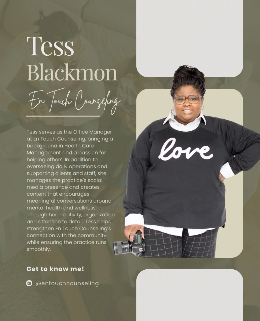 Meet Tess, one of the people helping keep things running behind the scenes at En Touch Counseling! 

From managing daily operations to creating the content you see here, Tess wears a few different hats at ETC. She brings both organization and creativ