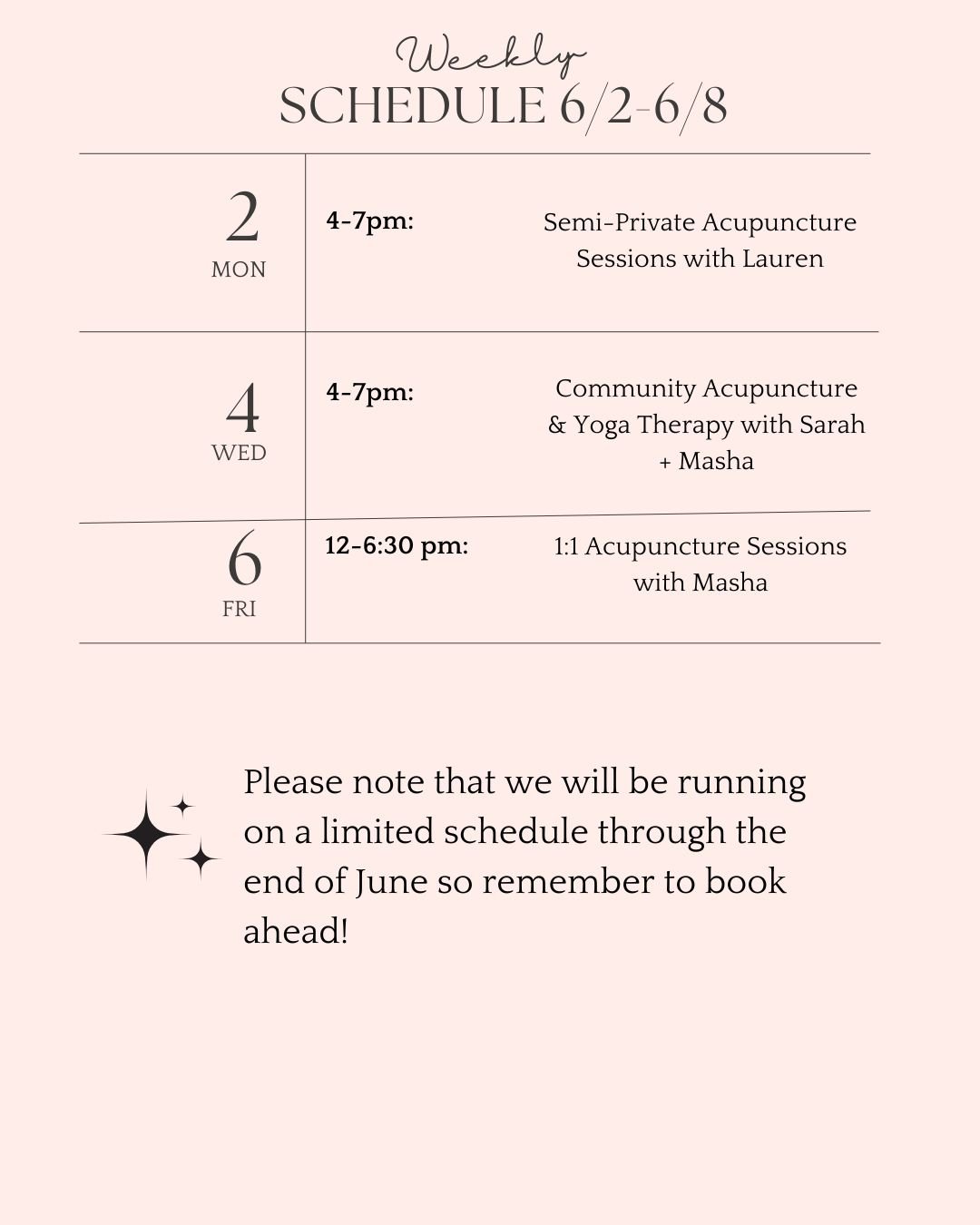 We are back but still moving slowly! As predicted - our June community clinics are filling up so check out semi privates, 1:1 sessions, and remember to book ahead πΉ
Monday: semi-private acupuncture with @laurenofthevalley_ (waitlist)
Wednesday: Co