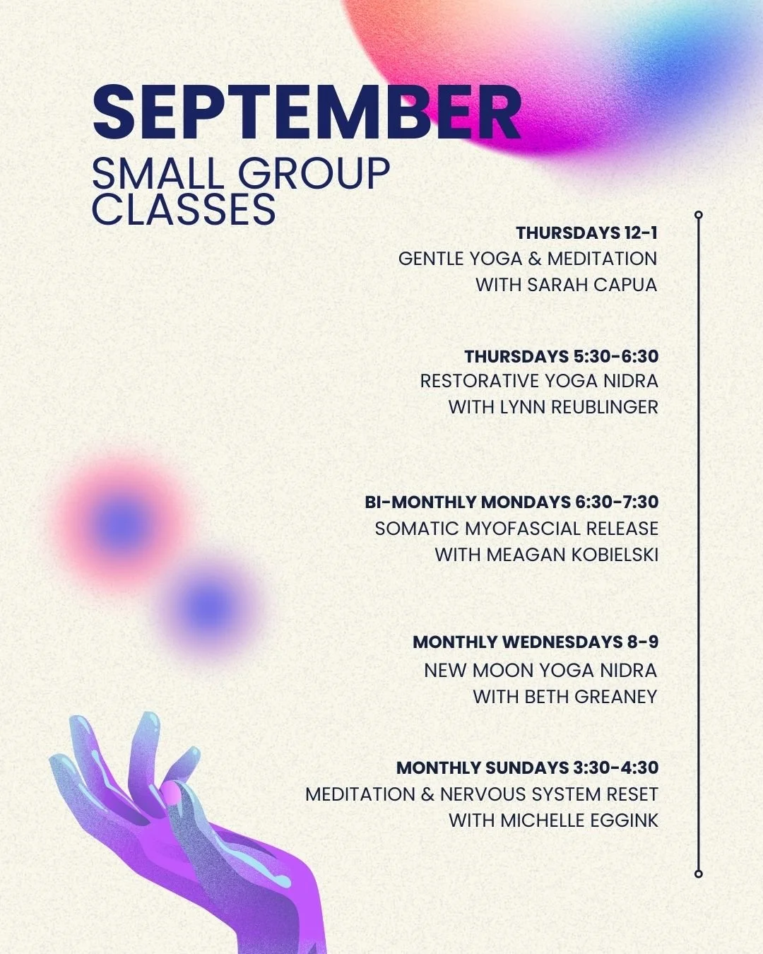 Join us for something new! Give yourself the gift of consistent time and space for self soothing. The world is chaotic 🔥
Each of these classes provides a way to quiet the noise of the outside world - bringing the body, mind, and spirit into greater