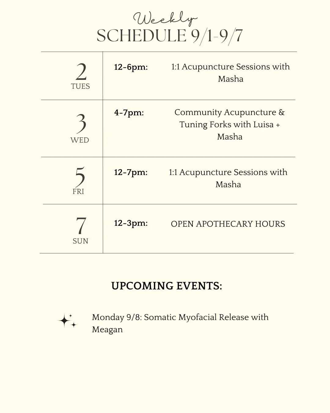 Back to school and shifting schedules call for slowing down and taking good care 🌻
Tuesday: 1:1 acupuncture with @masha_schmidt
Wednesday: Community Acupuncture & Tuning forks with @spaze_cadet_ + Masha
Friday: 1:1 acupuncture with Masha
Sun