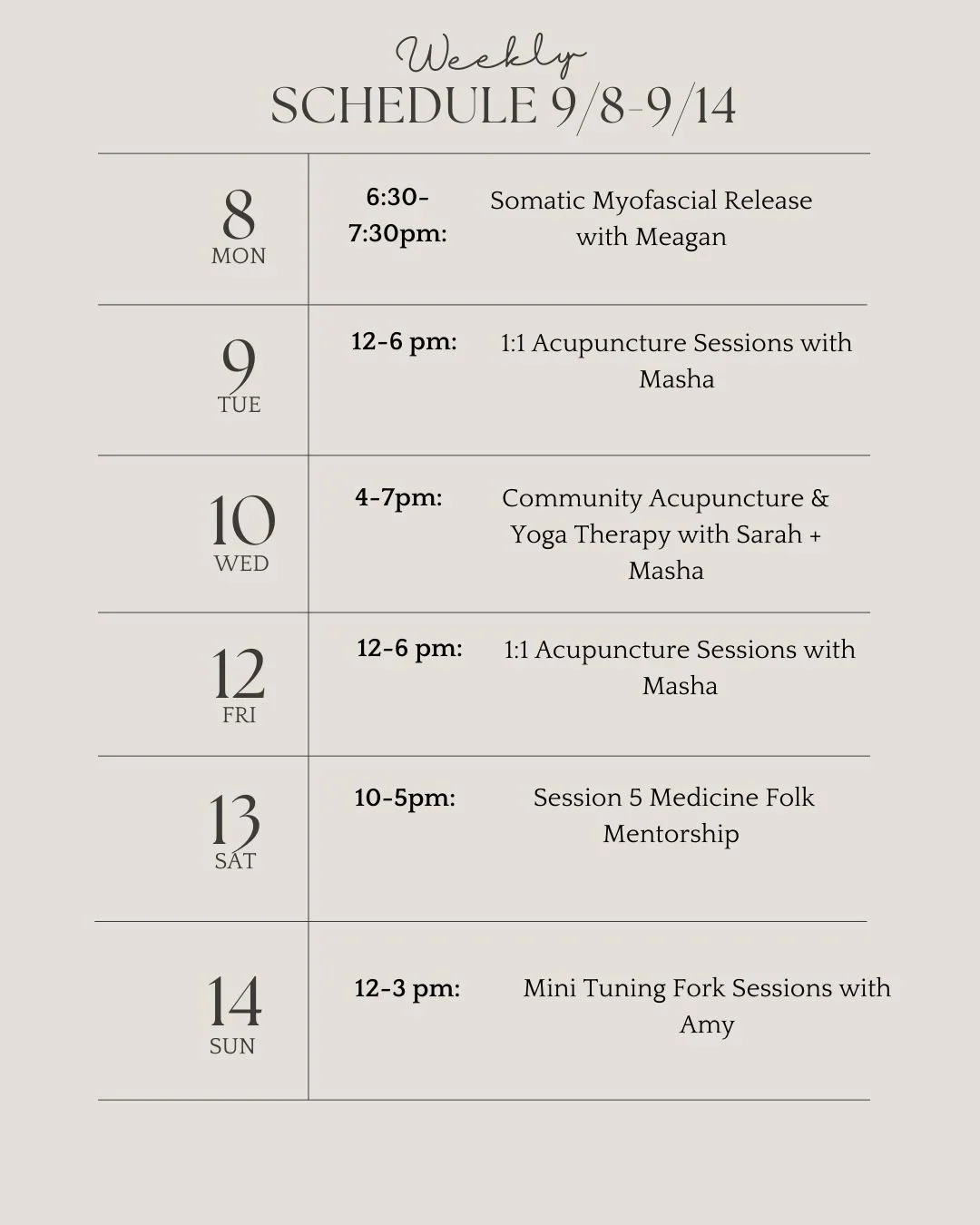 One spot left for tonight's myofascial release small group clas, 1 spot left for community clinic and 1 spot for 1:1 acupuncture with Masha. A few spots left for mini tuning fork sessions with Amy on Sunday 💫 Give yourself the time and space to tune