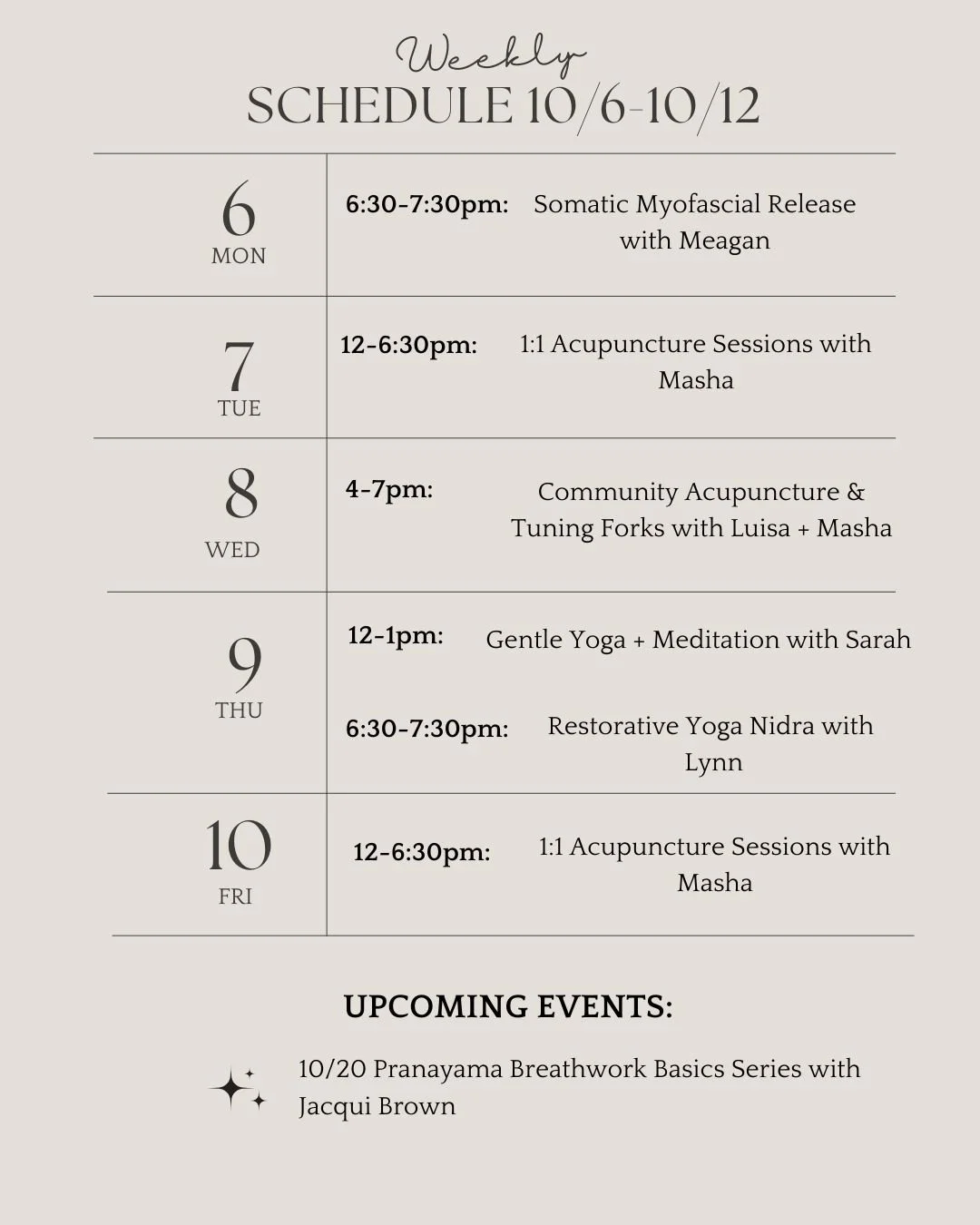 Temps are shifting this week and we are here for all the cozy sweaters, pots of tea, and warming soups. Wednesdays clinic could be the day that table warmers come back on? Lets find out....
Monday: Somatic Myofascial Release with @slowflowsomatics