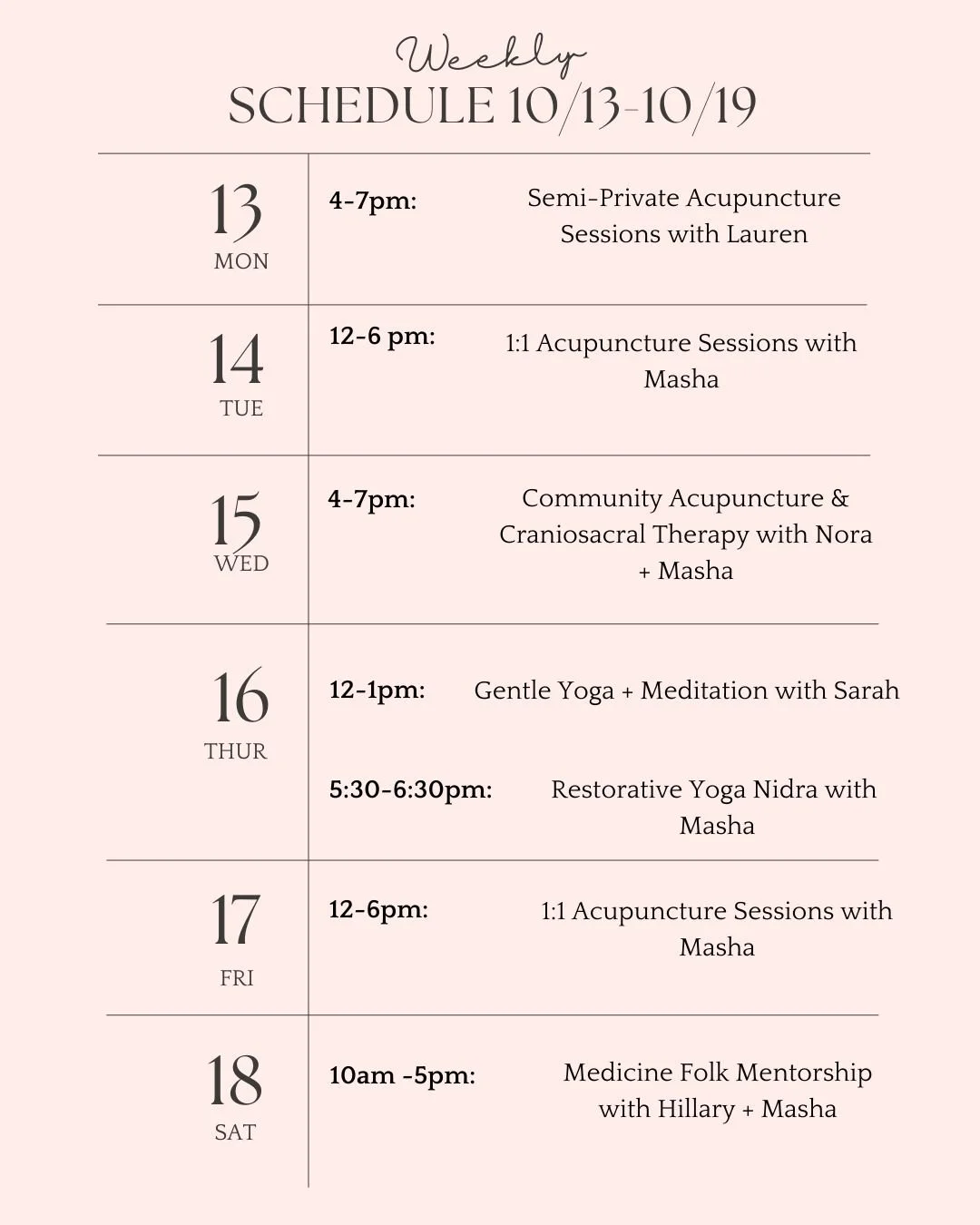 Feeling rainy and blue? We have semi-private acupuncture with Lauren this evening, gentle yoga & meditation with Sarah Thursday afternoon, and Masha subbing for Lynn Thursday evening for yoga nidra โค๏ธ Join us for mood lifting, heart supporting, a