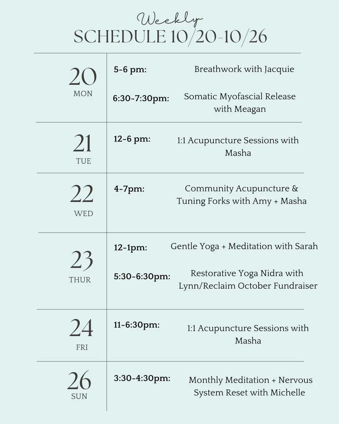 Lots of options this week to experience supportive community care:
Monday: Pranayama Breathwork Basics with @jacquie_brown // Somatic Myofascial Release with @slowflowsomatics
Tuesday: 1:1 acupuncture with @masha_schmidt
Wednesday: Community Acu