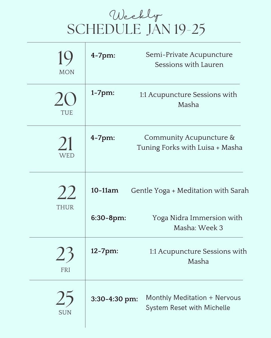 This week at DayDream:

Monday: Semi-Private Acupuncture with @laurenofthevalley_

Tuesday: 1:1 acupuncture with @masha_schmidt

Wednesday: Community Acupuncture + Tuning Forks with Luisa &amp; Masha

Thursday: Gentle Yoga + Meditation with @sarah.ca