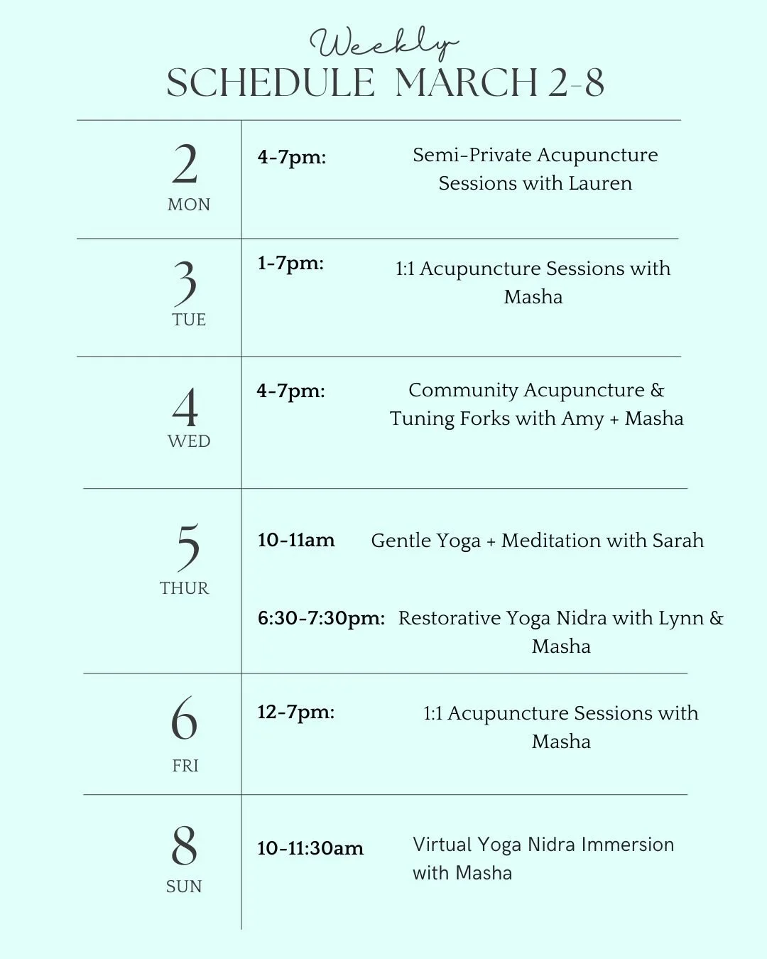 Exciting updates this week: 

1. Lynn is back on Thursday (with Masha assisting this week)
2. Our virtual Yoga Nidra Immersion starts on Sunday! A great option for those of you geographically far or juggling unpredictable schedules. (Or for folks tha