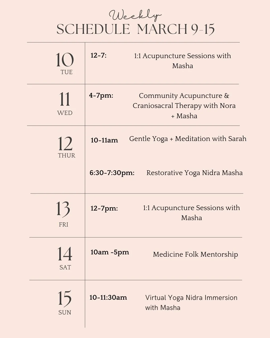 Feeling excited to see some snow melting this week and anticipating some dandelions soon!!!!

Join us:

Tuesday: 1:1 acupuncture with @masha_schmidt

Wednesday: Community Acupuncture &amp; Craniosacral therapy with @matznora + Masha 

Thursday: Gentl
