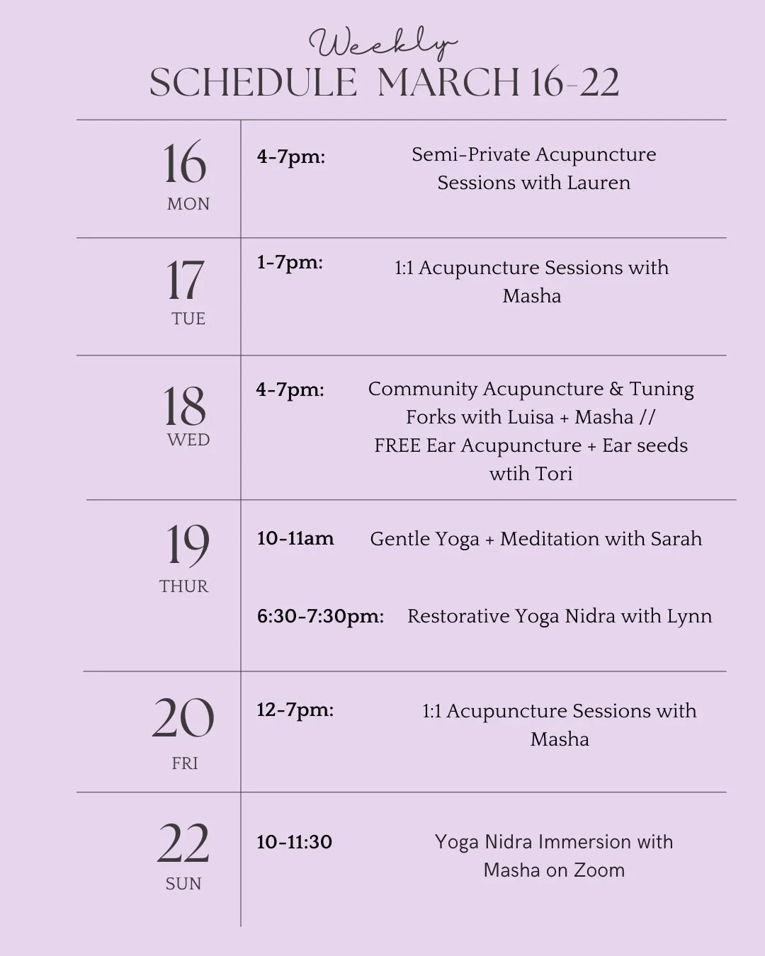 Table warmers are still on and we would love to support you through this late winter/early spring season of highs and lows. Lots of options for care this week....

Monday: Semi-Private Acupuncture with @laurenofthevalley_

Tuesday: 1:1 acupuncture wi