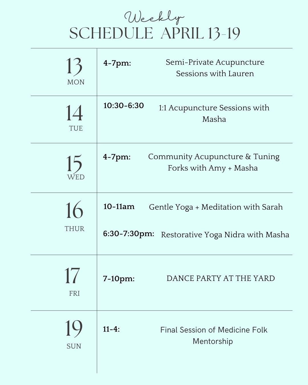 Temps are warming up this week as we get ready for our Year of the Fire Horse Dance Party 🔥
Spots left for this week's clinic and both yoga classes.

Monday: Semi-Private Acupuncture with @laurenofthevalley_

Tuesday: 1:1 acupuncture with @masha_sch