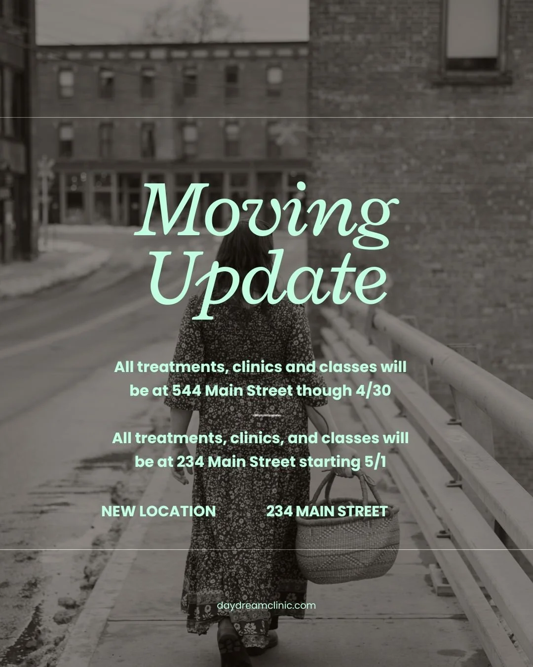 Moving update: 

💫 All treatments, clinics, and classes will be at 544 Main St through 4/30

💫 All treatments, clinics, and classes will be at 234 Main St starting 5/1

Appointments will be limited over the next few weeks and clinic will be paused 