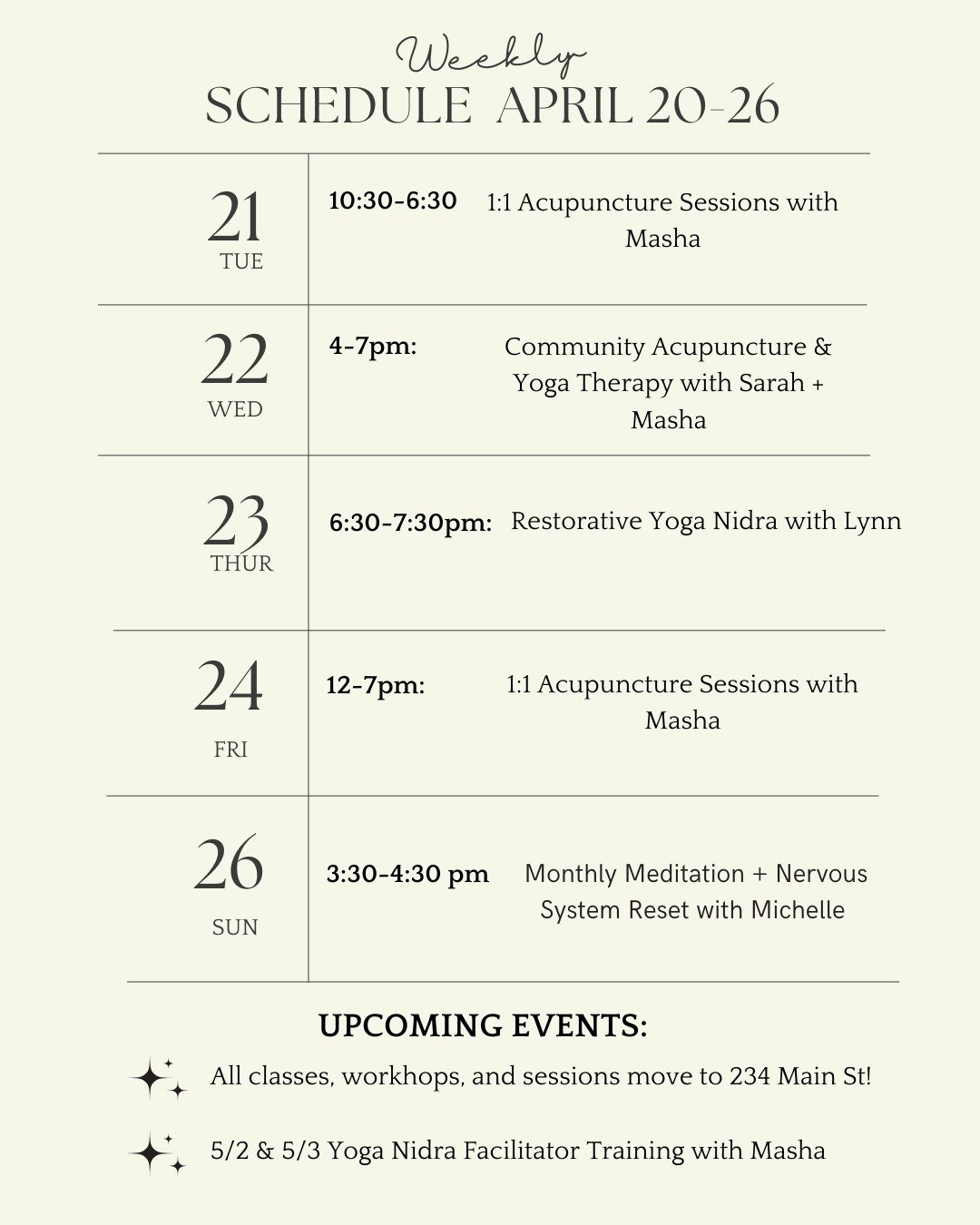 Updates at DayDream:

Things will be moving around as we set up our new space at 234 Main 🎉 Our schedule will be modified over the next few weeks so book ahead.

❤️ No morning yoga with Sarah on Thursday, but she will be in for community clinic (2 s