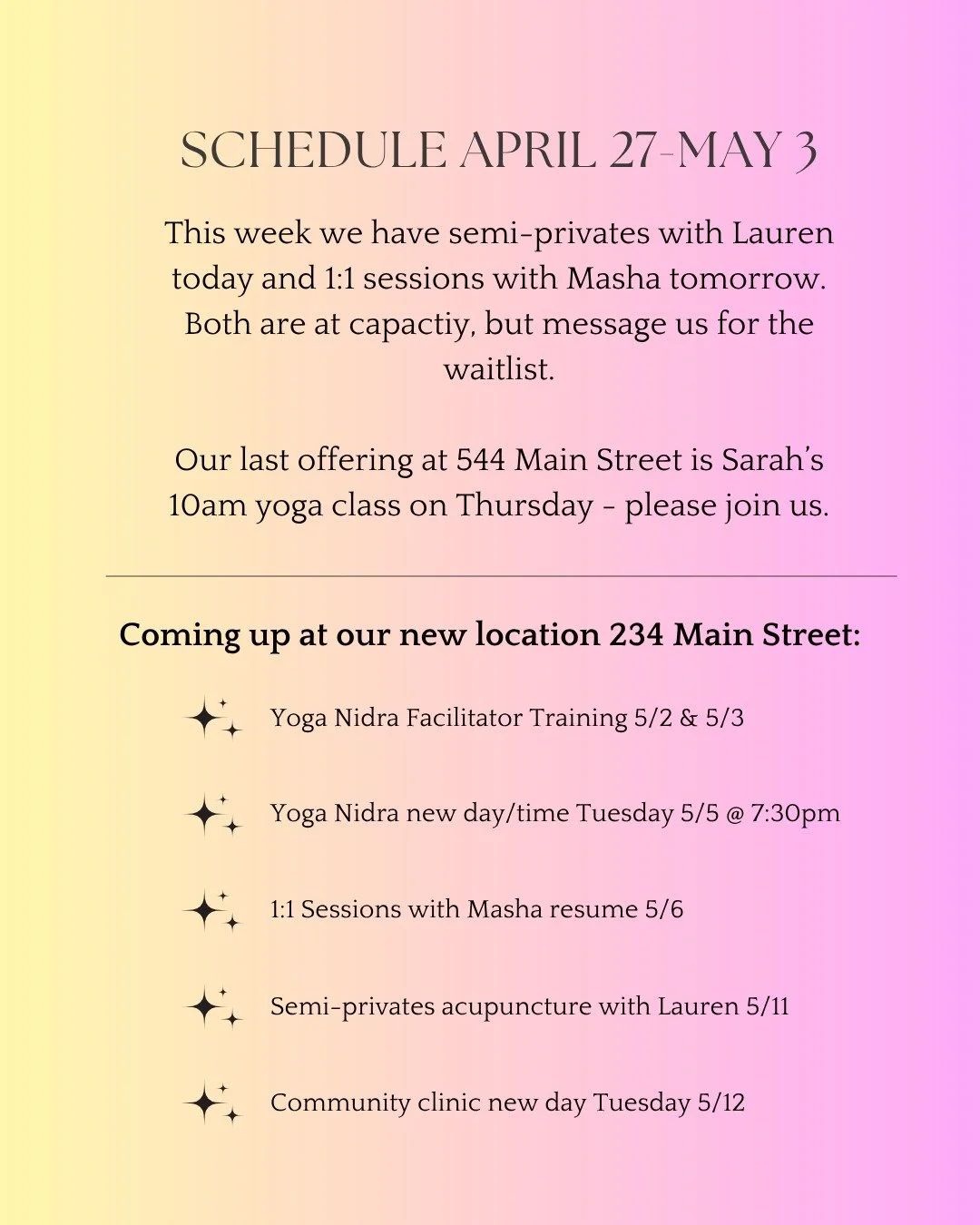 We are in the final days of our move and can't wait to greet you at our new studio. If you aren't already booked this week, your last chance to enjoy our current space is Thursday morning yoga with @sarah.capua (prepare yourselves for a very empty yo