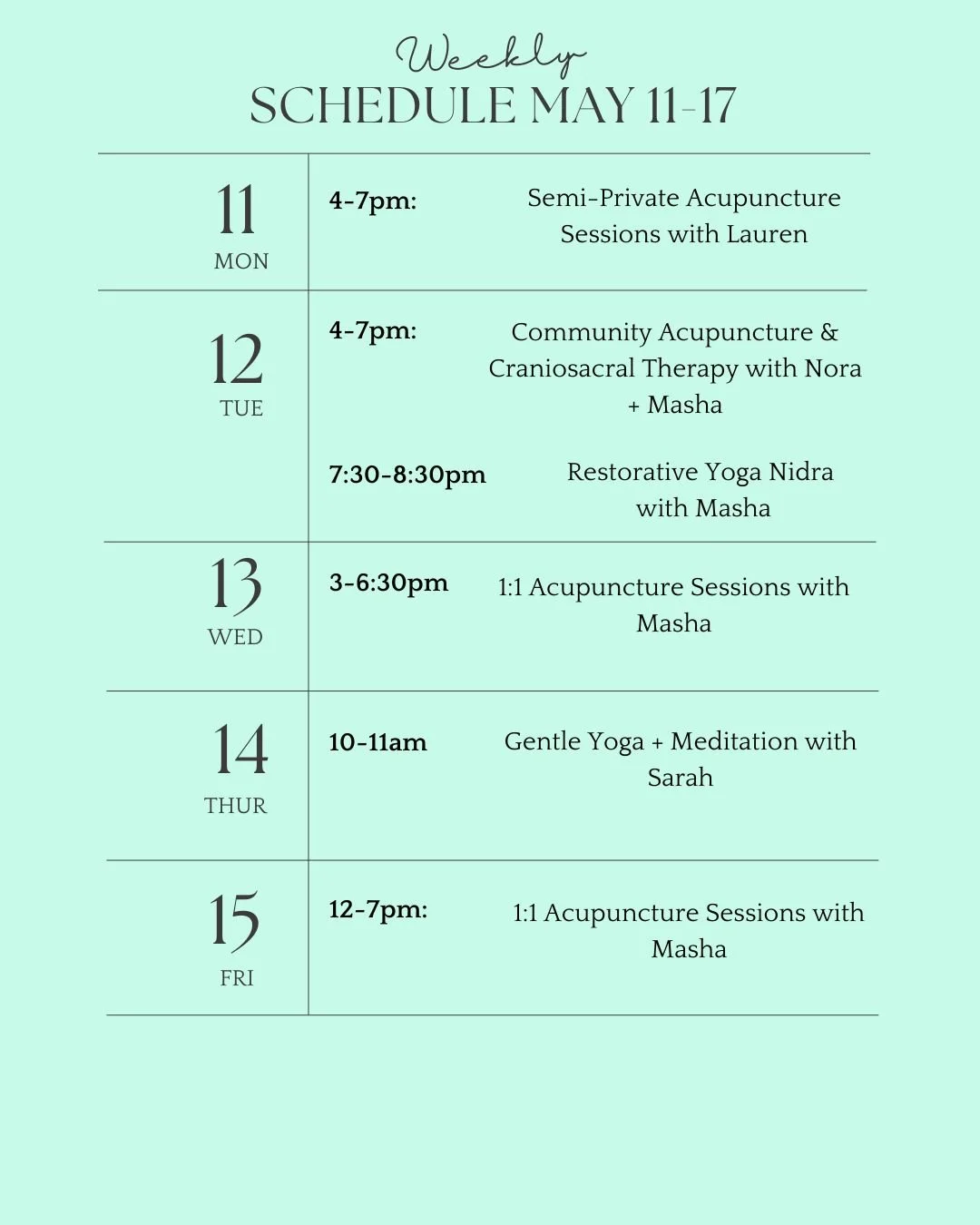 First full week at our new spot - 234 Main Street! Join us 🎉 

Monday: Semi-Private Acupuncture with @laurenofthevalley_ 

Tuesday: Community Acupuncture &amp; Craniosacral Therapy with @matznora and Masha // Restorative Yoga Nidra with Masha (new t