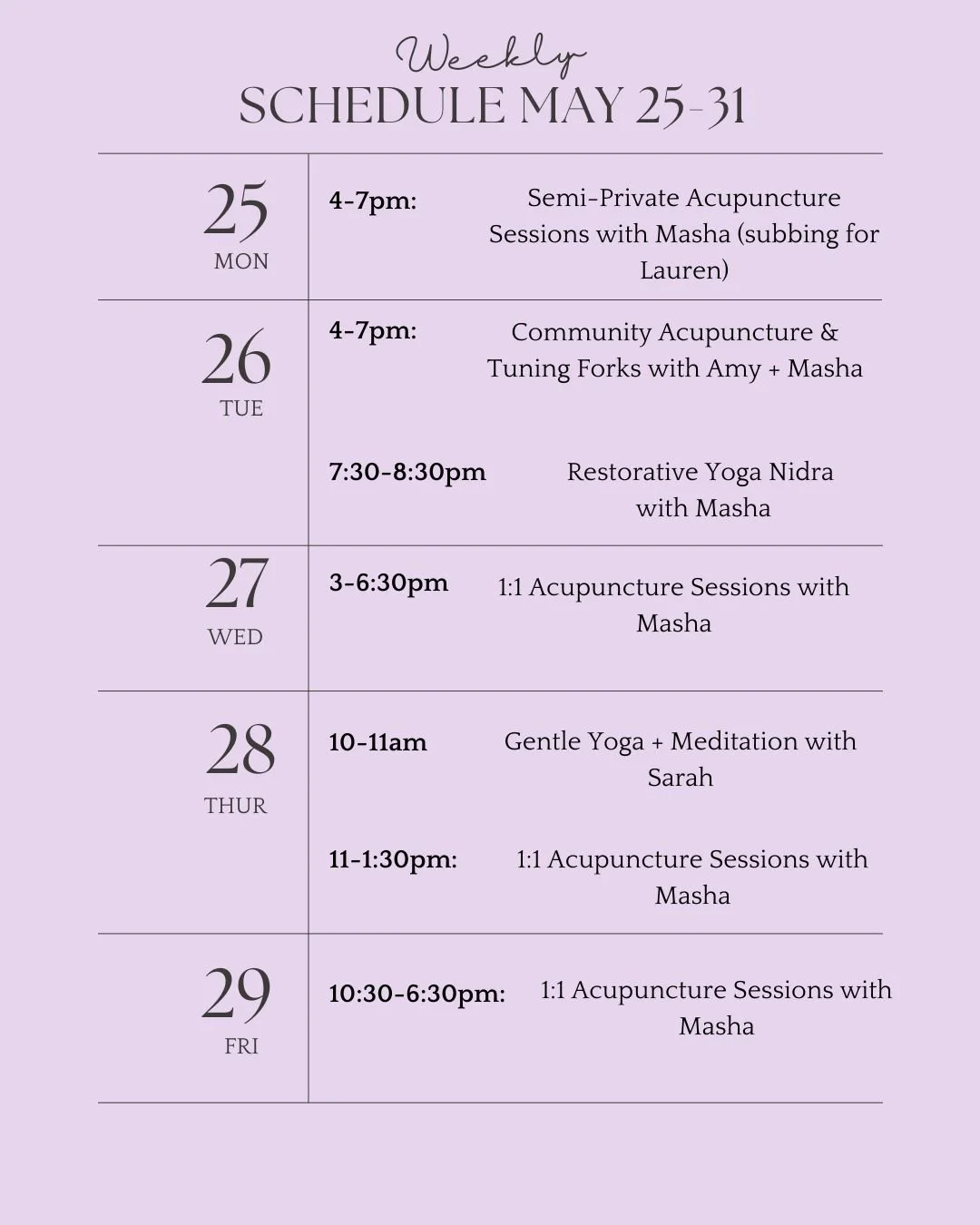 Come see us this week at our new space 🎉 234 Main Street 

We have finally unpacked our singing bowls so Tuesday's Yoga Nidra will offer sound 💫

Schedule:

Monday: Semi-Private Acupuncture with @masha_schmidt (subbing for Lauren)

Tuesday: Communi