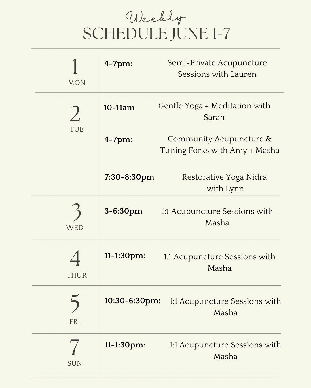 We have openings tomorrow for semi-private acupuncture and have added Sunday hours with Masha! Please note that Masha will be on break mid June and there is no clinic 6/16. Schedule accordingly - future you will be glad you did 💖 

Monday: Semi-priv