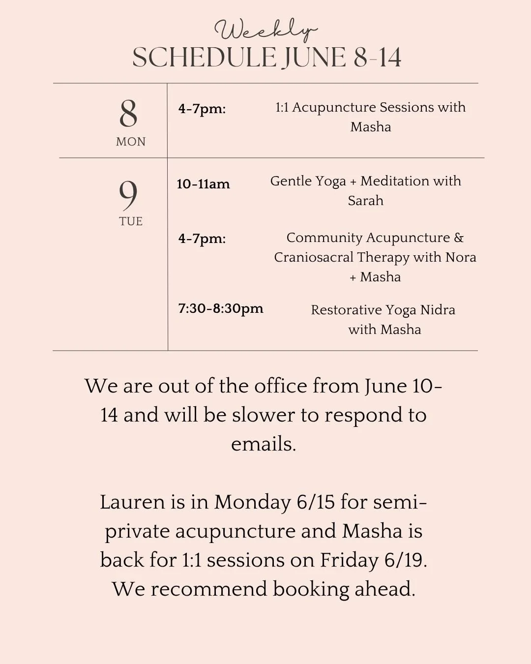 We don't have a lot of acupuncture openings this week BUT would love to practice with you tomorrow at gentle yoga with Sarah or yoga nidra with Masha. Some acupuncture spots still available for next week - we recommend booking ahead. ⭐

Monday: 1:1 A