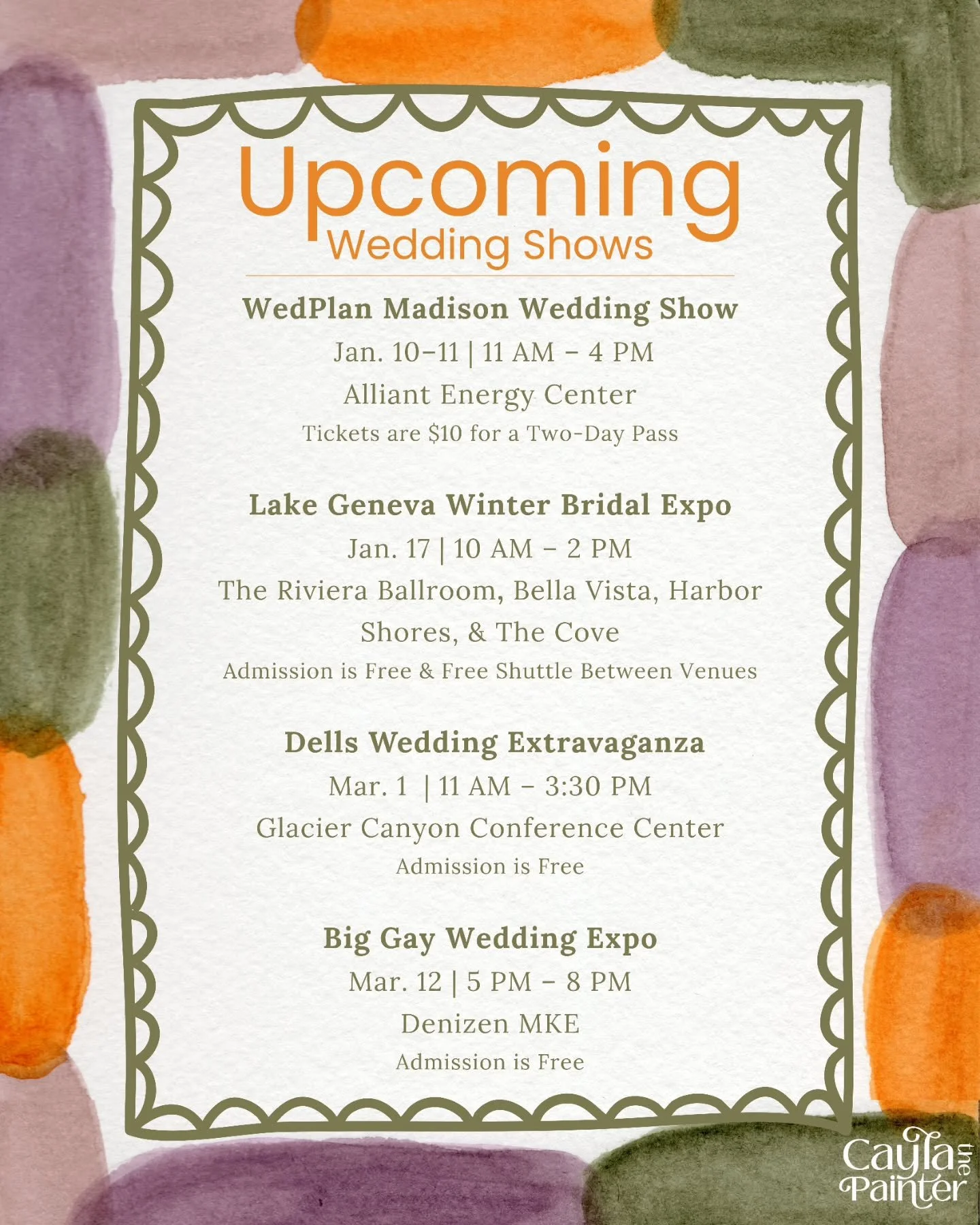 💌 ENGAGED?!? (or know someone who is)...

Wedding planning season is officially here, and I&rsquo;ll be popping up at wedding expos all across Wisconsin with a booth, real paintings, and lots of dreamy ideas 🖌️🤍

Save this, screenshot it, send it 