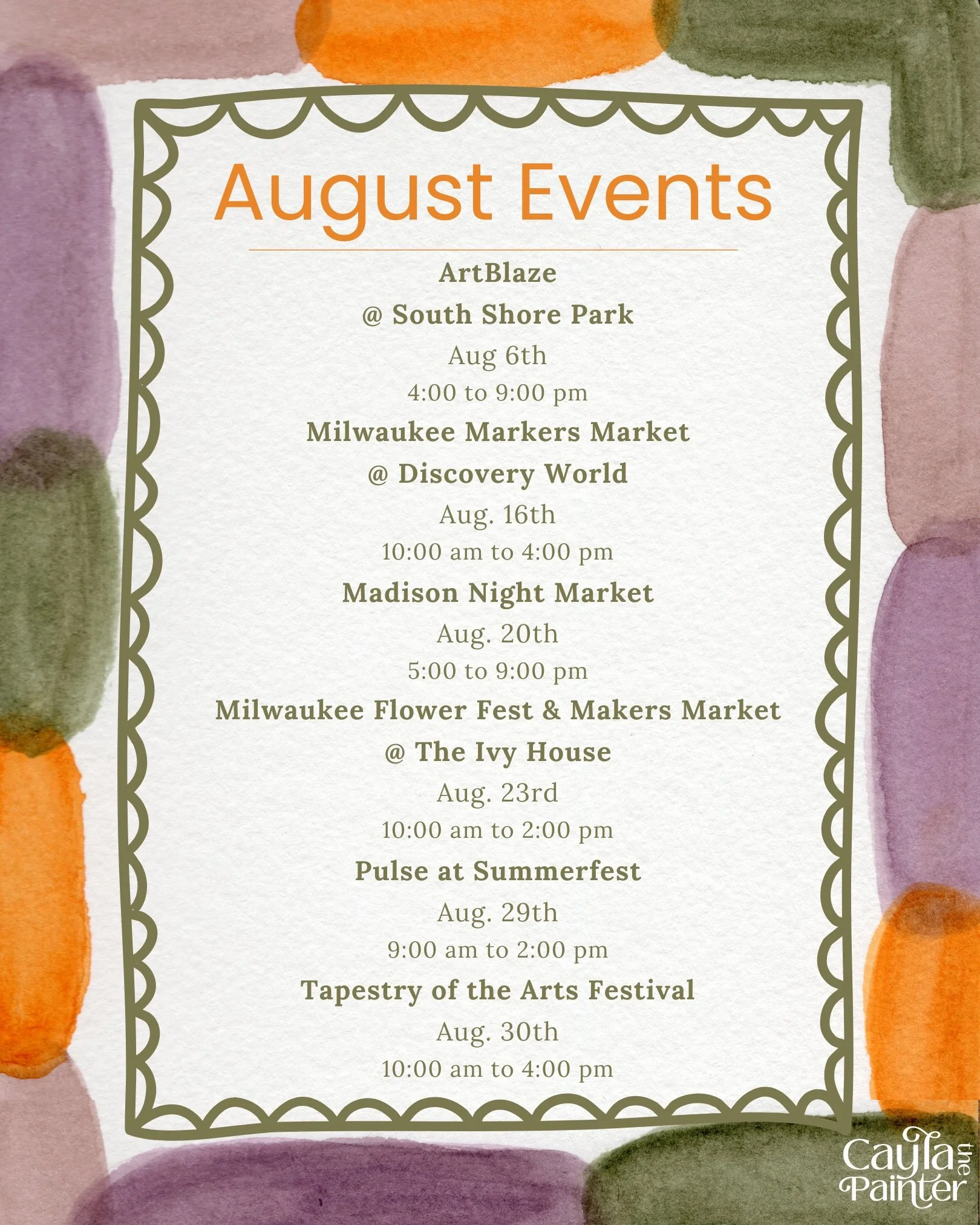 🎨✨ August Event Lineup! ✨🎨

August is packed with opportunities to shop local and support small businesses!

Whether you're looking for a custom pet portrait, a special gift, or just want to stop by and say hello, here's where I'll be:

🌅 August 6