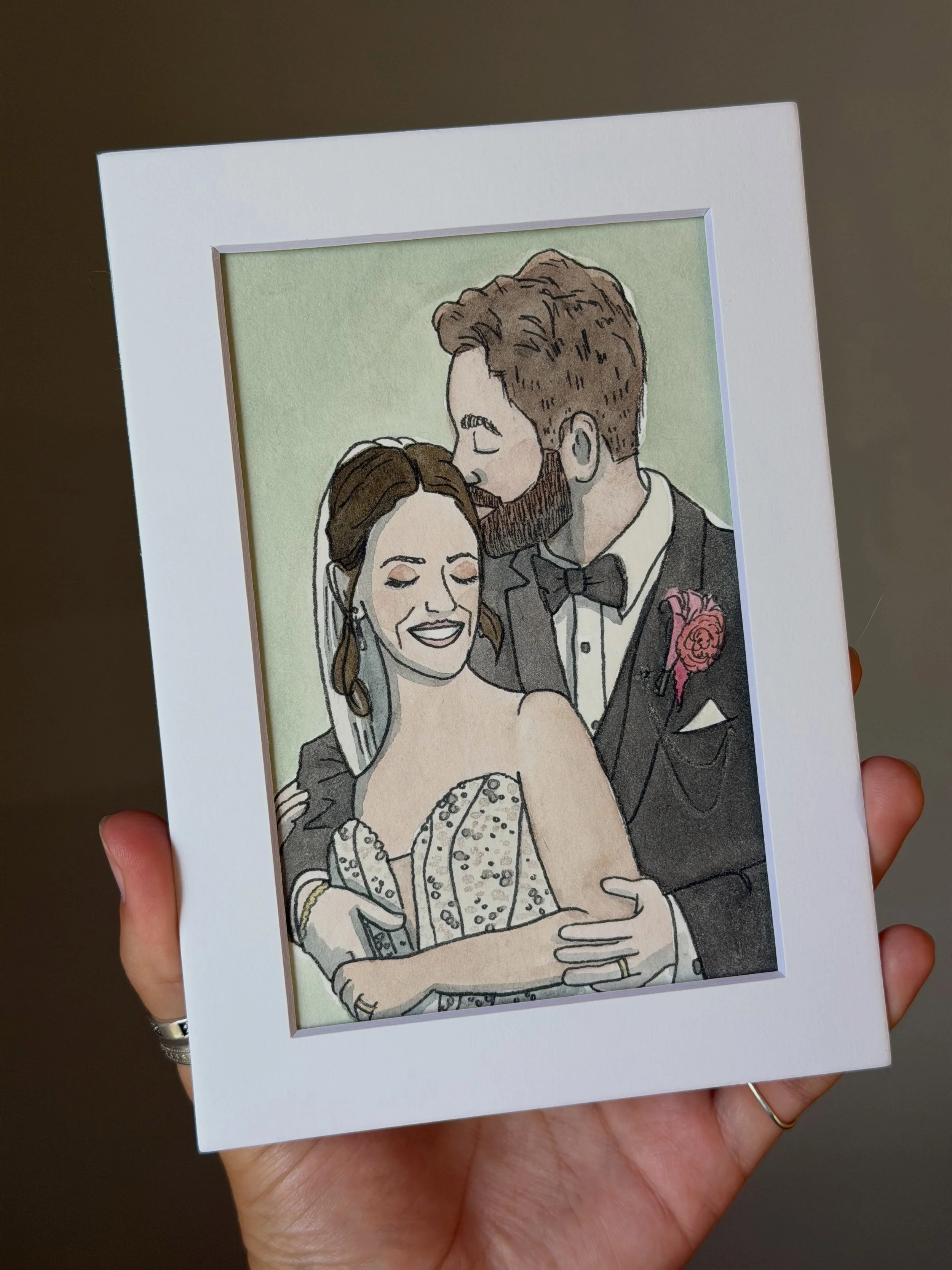 A little peek at today&rsquo;s work 🩷 The sweetest little portrait of the newlyweds, Mr. &amp; Mrs. Santelli! 🥂🥹 #WatercolorPortrait #CustomWeddingArt #WeddingKeepsake #milwaukeeartist