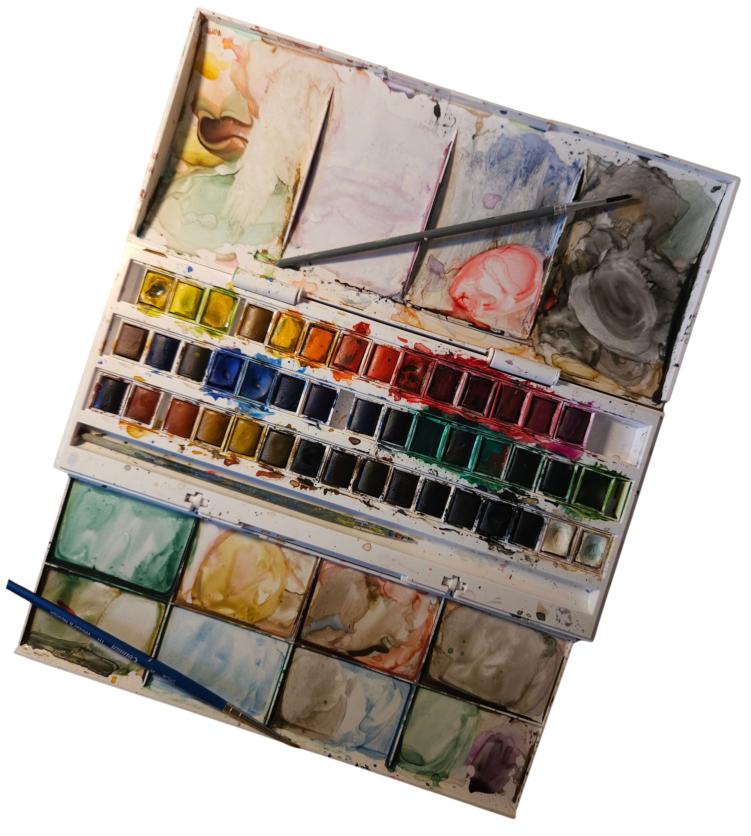 Cayla's watercolor palette of many colors and paint brushes