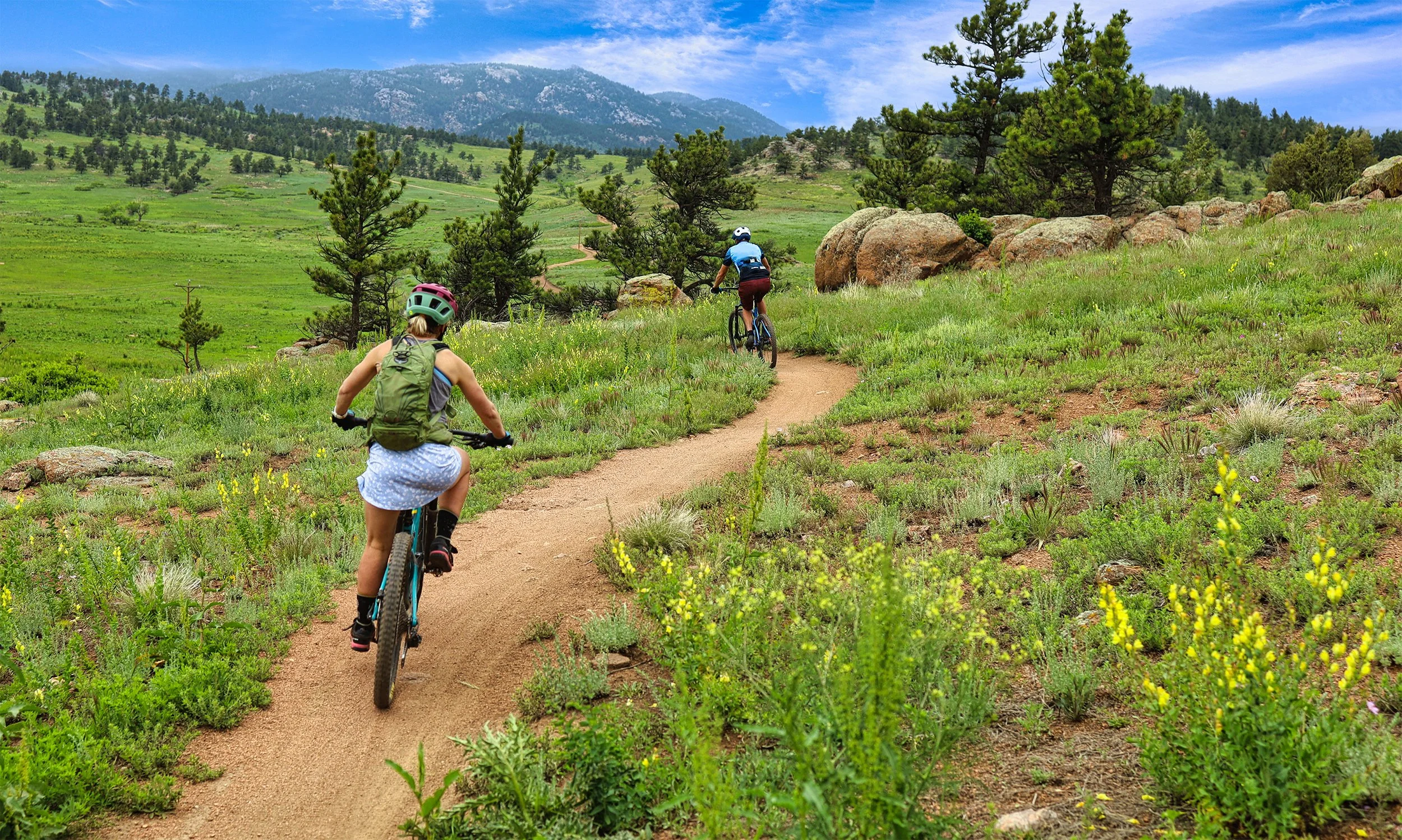  Mountain bikers ride through Hall Ranch Open Space in Boulder, Colorado. 