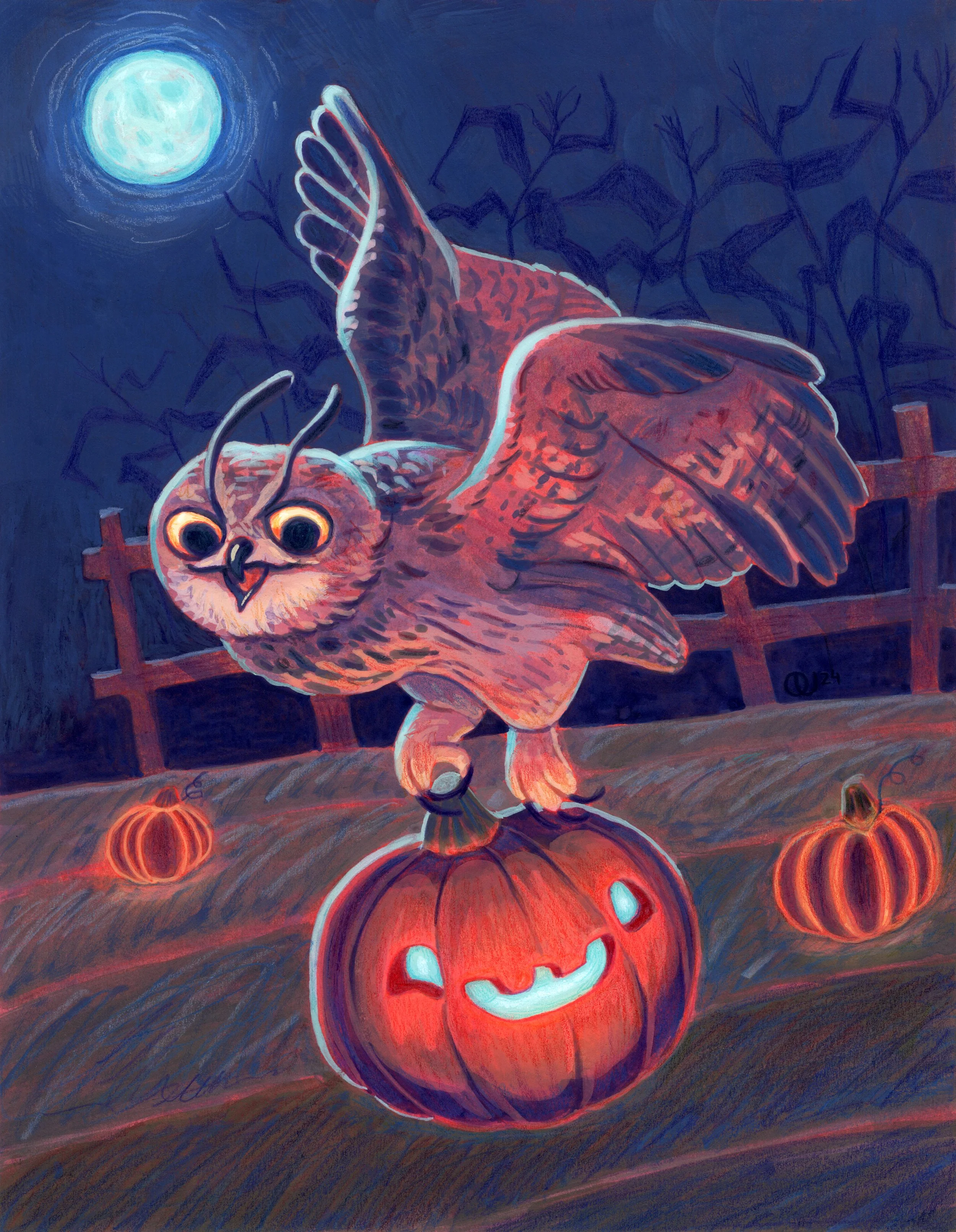 Moonlit Mischief - gouache and colored pencils on watercolor paper 2024
