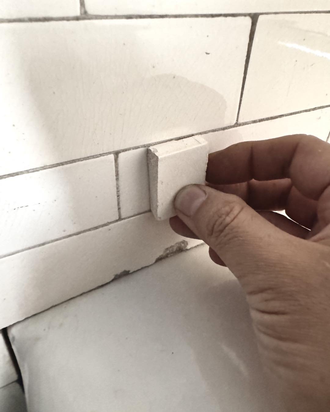 While digging in the rose garden, I found a few broken white glazed porcelain tiles and wondered where they might have come from. I looked all over the house and finally found a match in the second floor&rsquo;s main bathroom. None of these thinner w