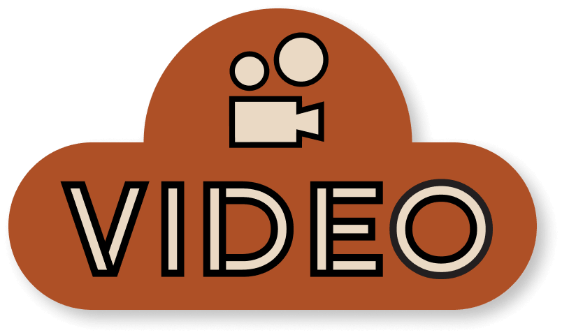 Red sticker that says "video" with a film camera icon