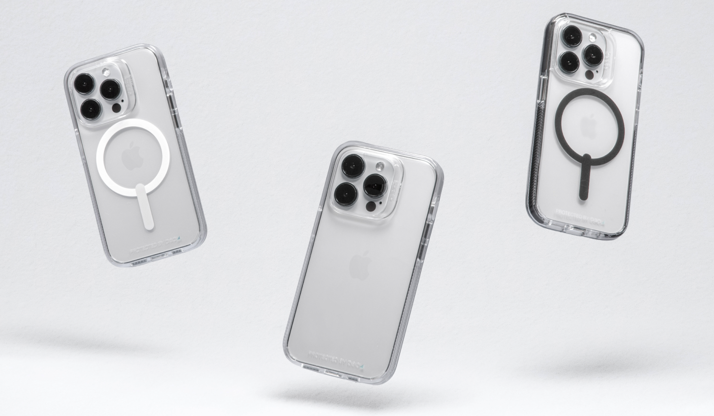 Photo of 3 iPhones falling, featuring a different case on each one