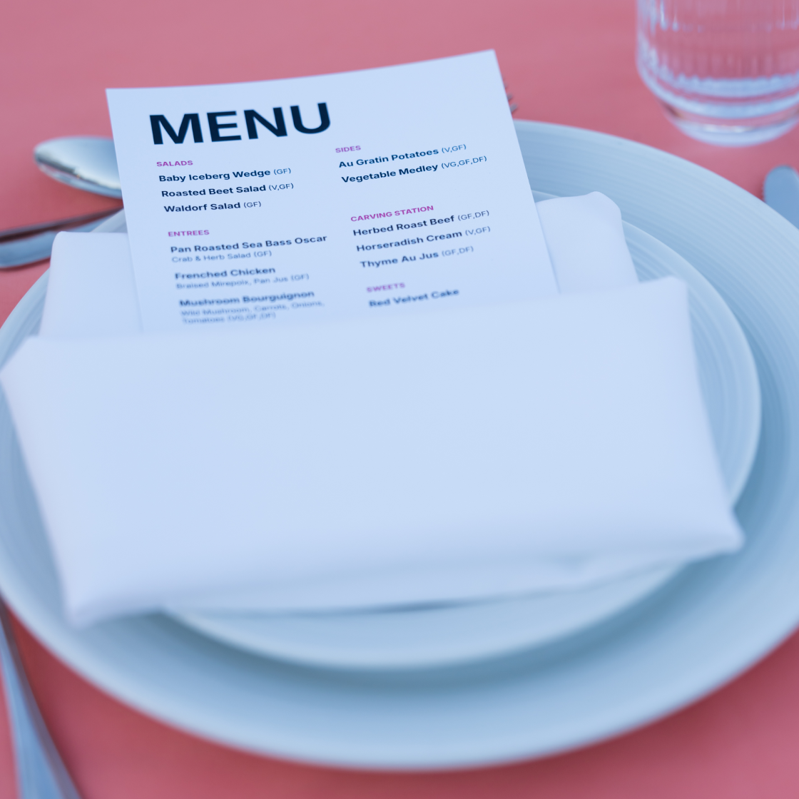 Menu for designed dinner