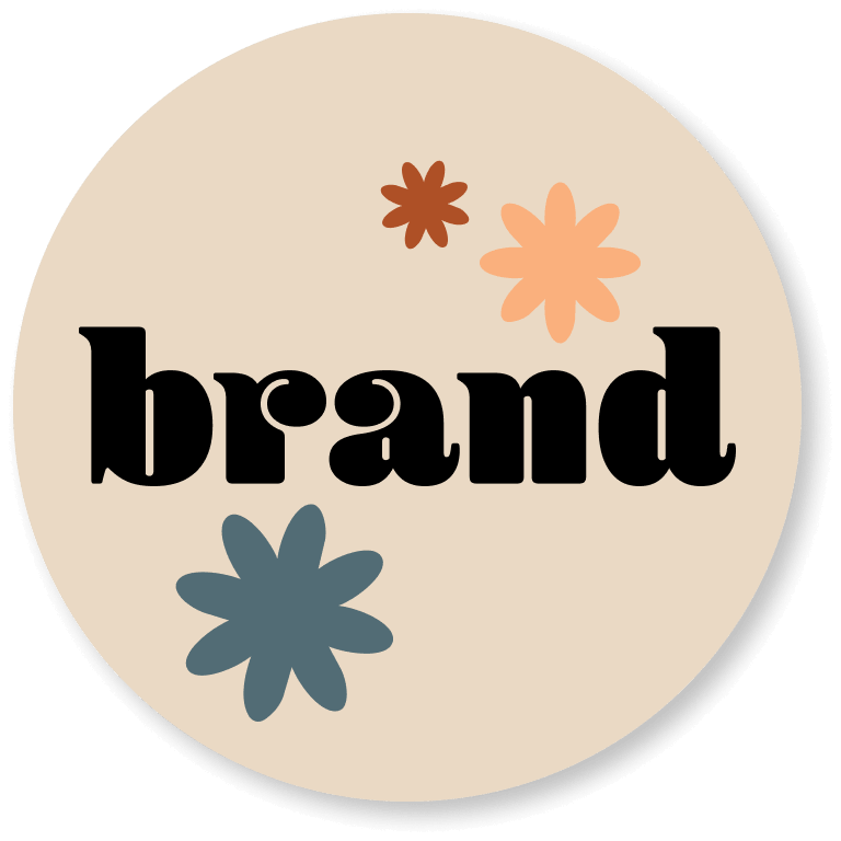 Cream sticker decorated with flowers that says "brand"