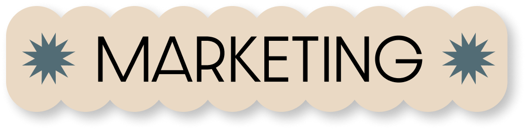 Cream sticker with blue bursts that says "marketing"