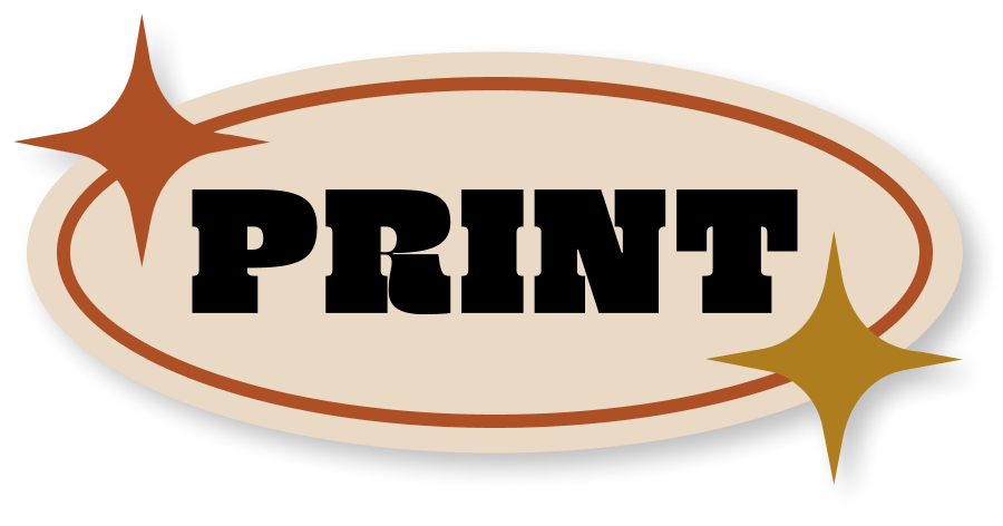 Cream sticker with sparkle shapes that says "print"