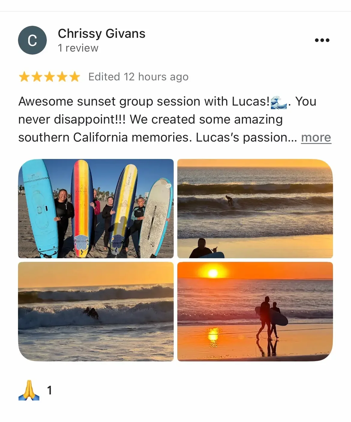 5-star Google review of a birthday surf lesson experience in Los Angeles