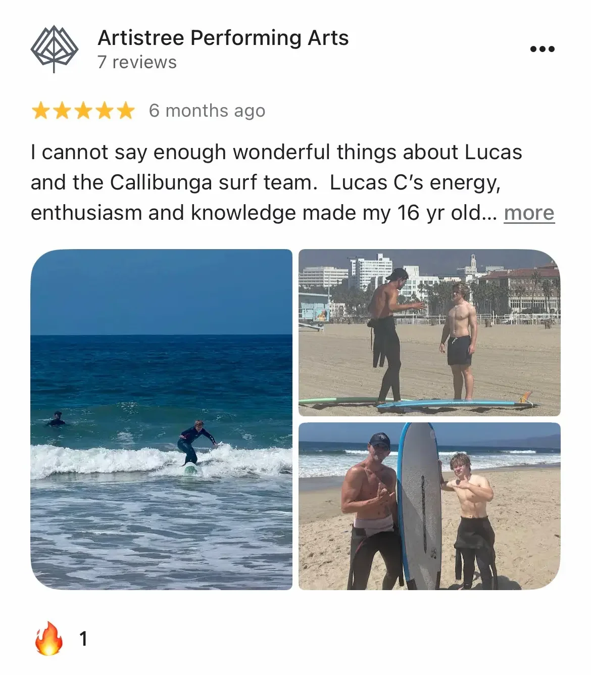 5-star Google review praising Calibunga Surf Lessons as the best surf school in Santa Monica