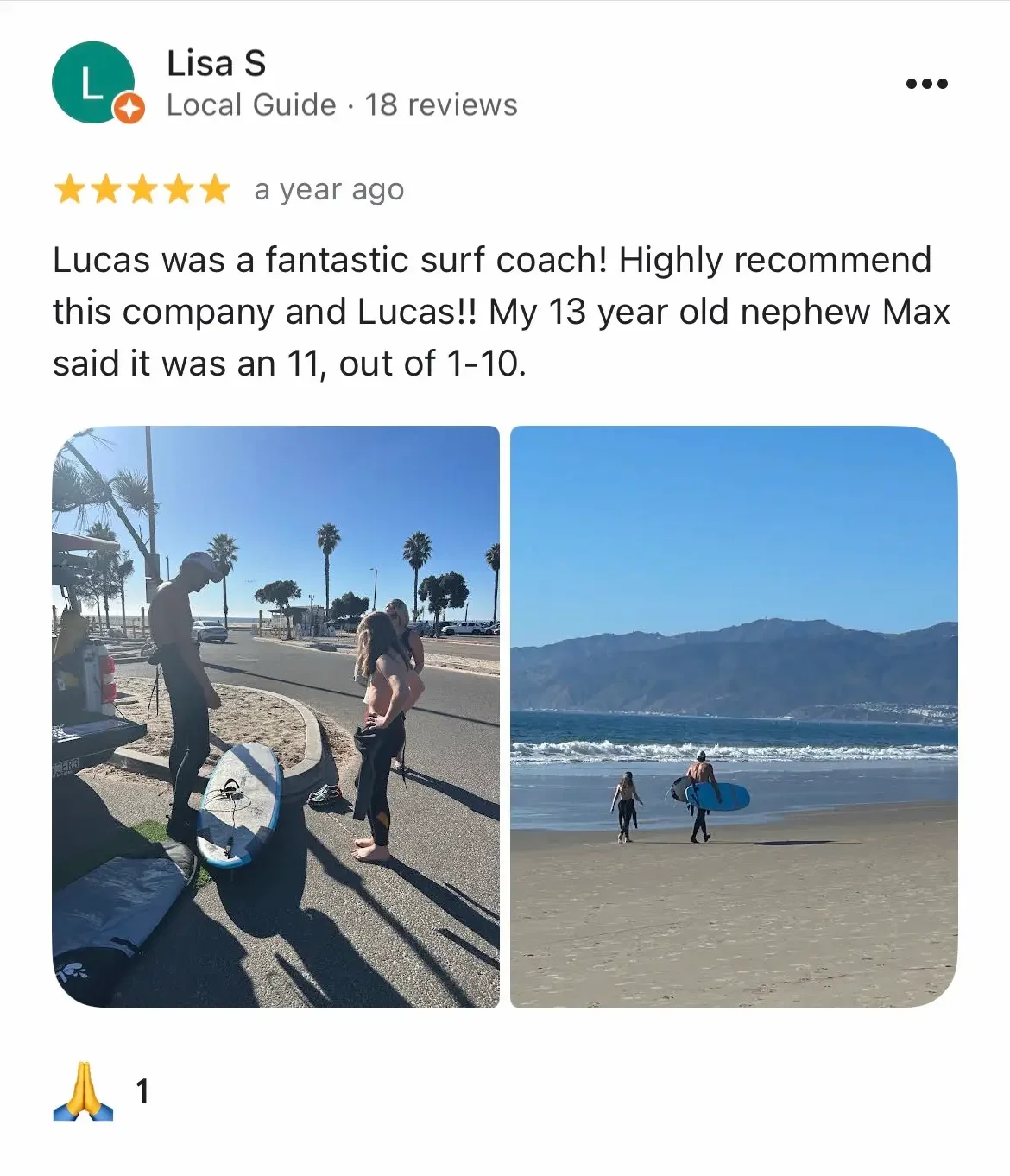 5-star Google review from a couple who took a surf lesson together in Santa Monica