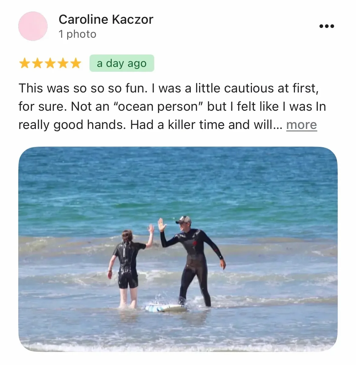 Verified 5-star review of a surf lesson near the Santa Monica Pier with Calibunga