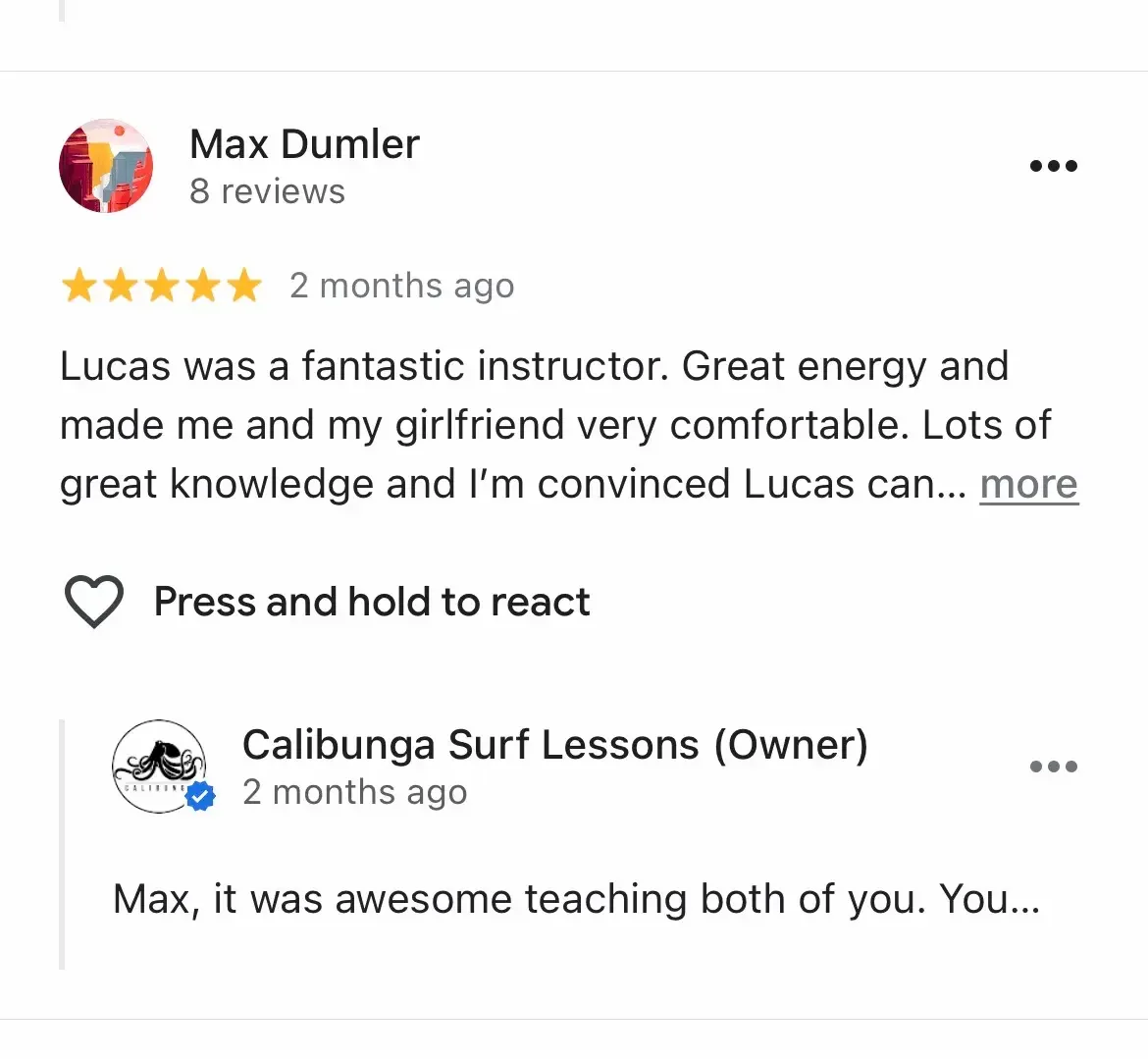 Google review praising same-day booking for a surf lesson at Santa Monica Beach