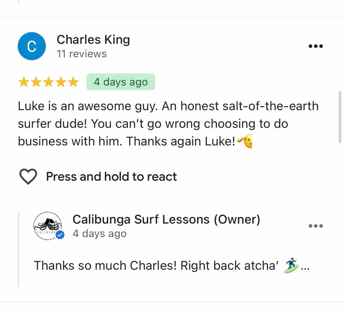 5-star review highlighting affordable surf lessons with Calibunga in Los Angeles