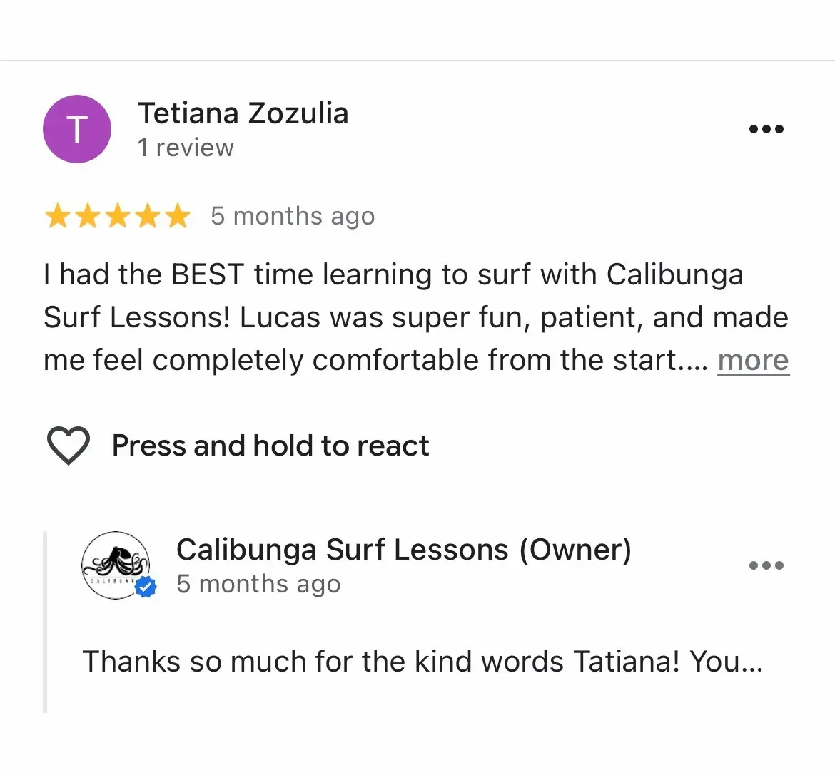 Top-rated Google review recommending Calibunga for surf lessons in Los Angeles