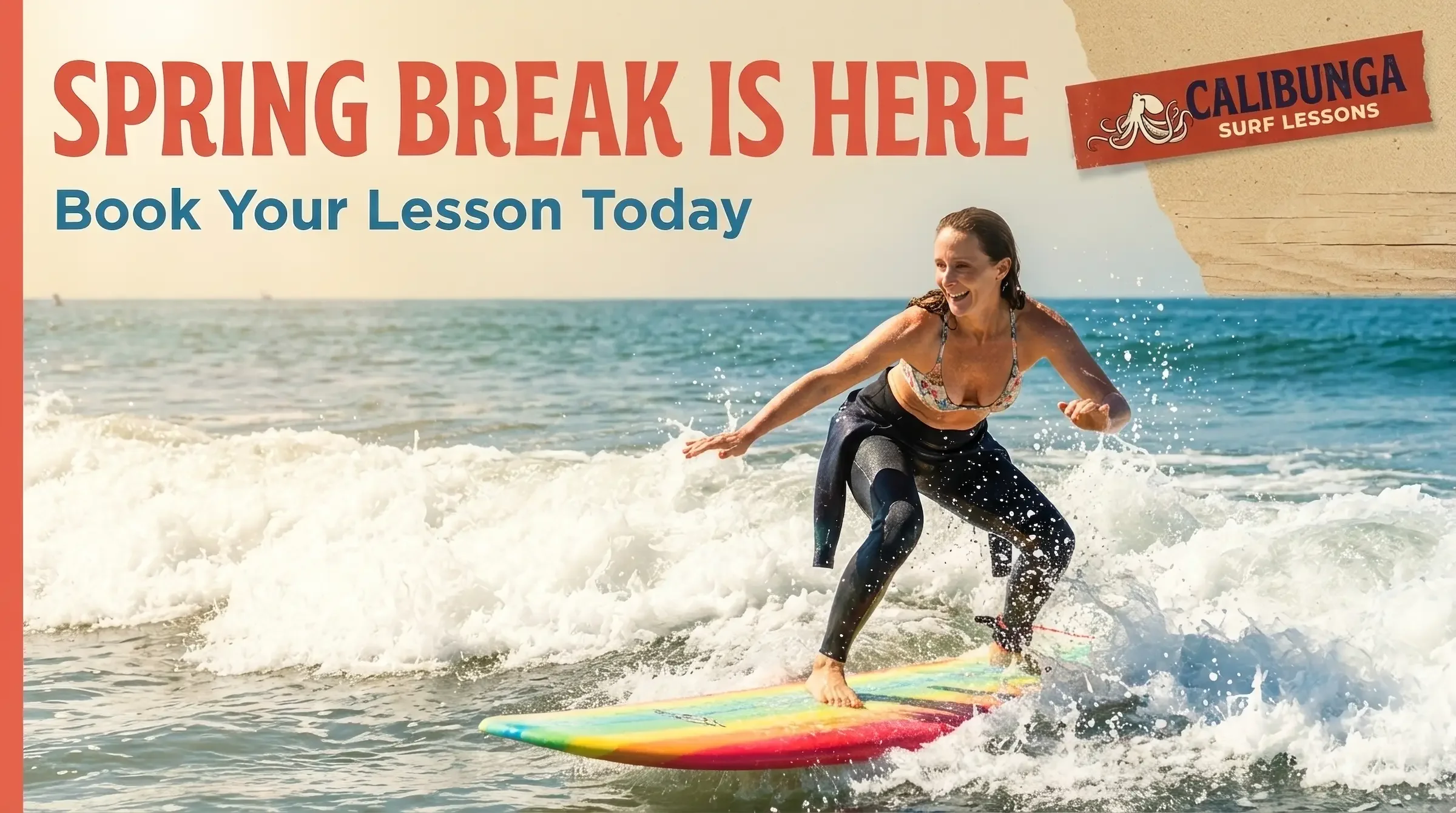 Woman takes beginner surf lesson near Santa Monica Pier