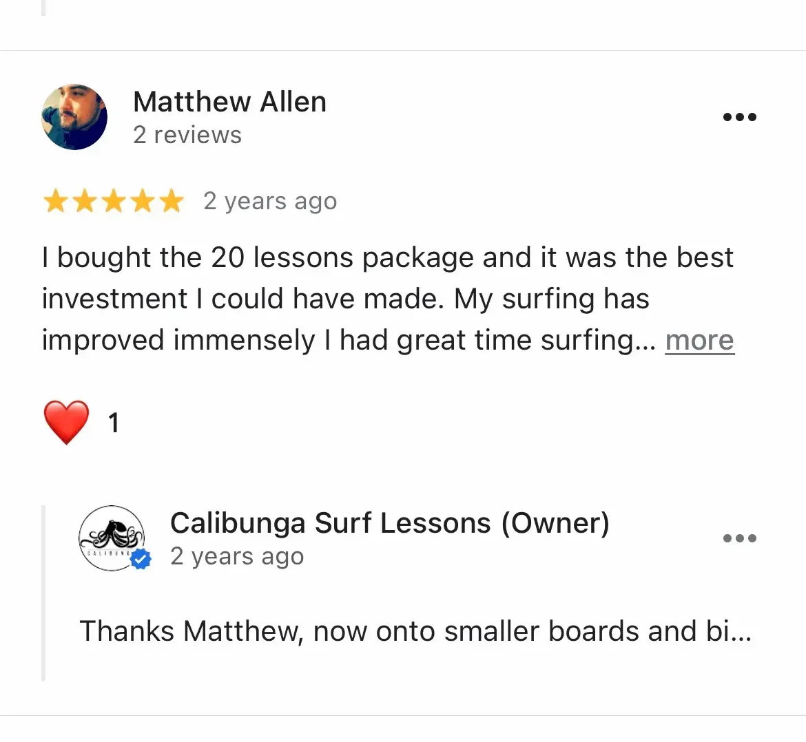 Google review calling Calibunga's instructor the best surf coach at Santa Monica Beach