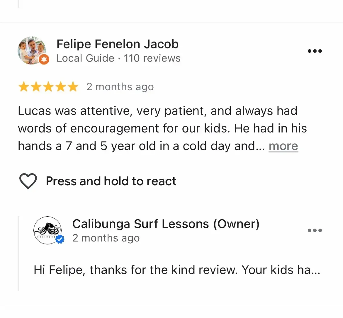 5-star Google review from a first-time surfer who took a beginner surf lesson in Santa Monica